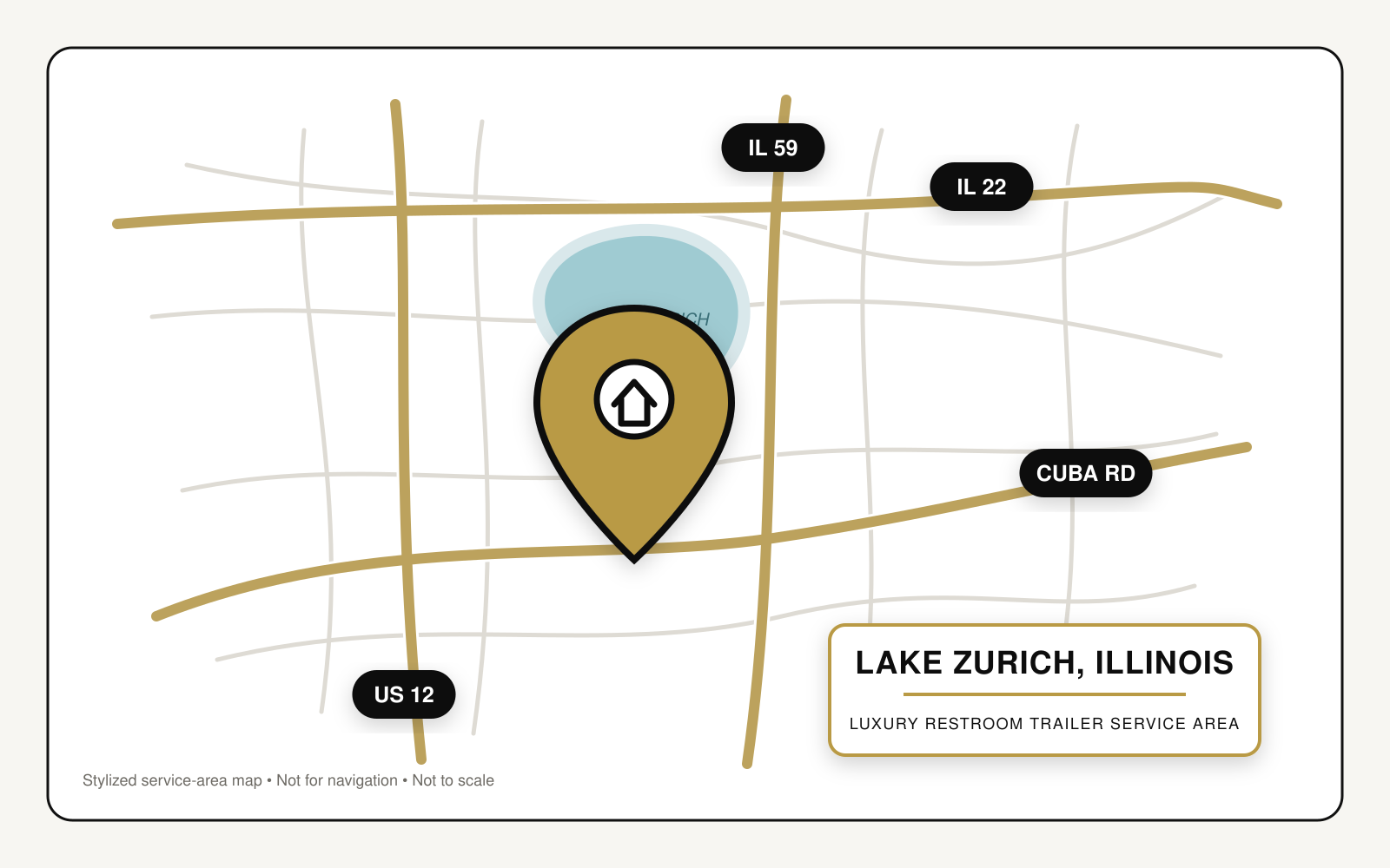 Map showing luxury restroom trailer service in Lake Zurich, Illinois, near US Route 12, Illinois Routes 22 and 59, Cuba Road, and Lake Zurich.