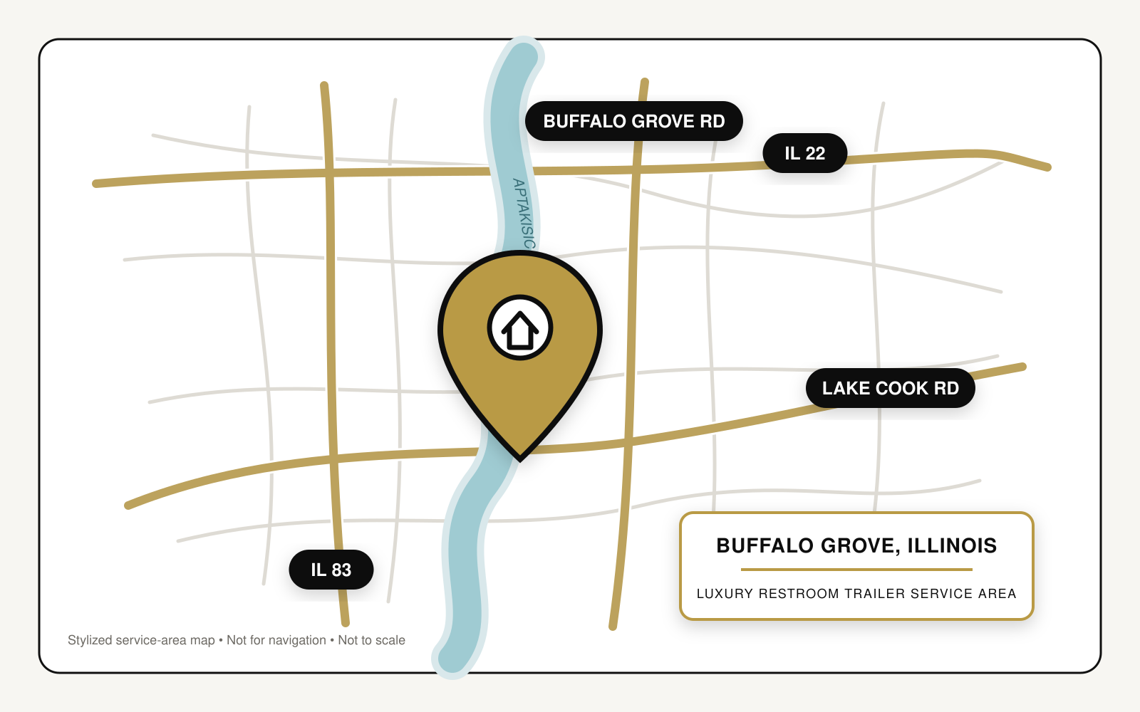Map showing luxury restroom trailer service in Buffalo Grove, Illinois, near Illinois Routes 22 and 83, Buffalo Grove Road, Lake Cook Road, and Aptakisic Creek.