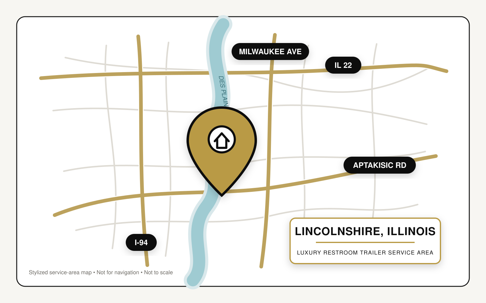 Map showing luxury restroom trailer service in Lincolnshire, Illinois, near Interstate 94, Illinois Route 22, Milwaukee Avenue, Aptakisic Road, and the Des Plaines River.