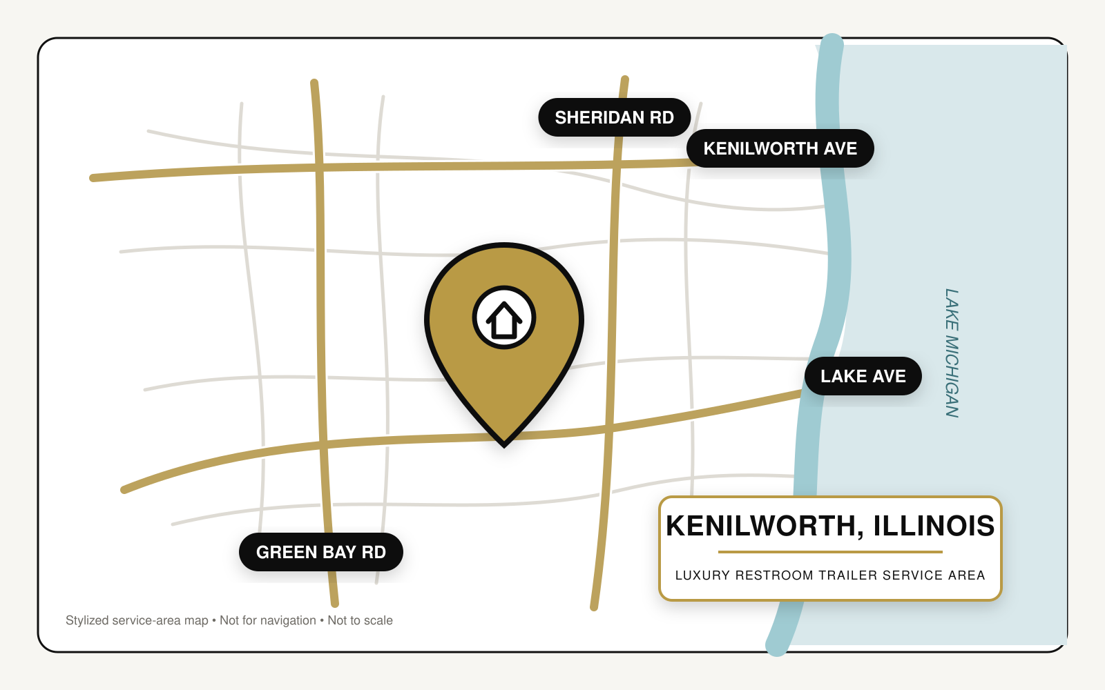 Map showing luxury restroom trailer service in Kenilworth, Illinois, near Green Bay Road, Sheridan Road, Kenilworth Avenue, Lake Avenue, and Lake Michigan.