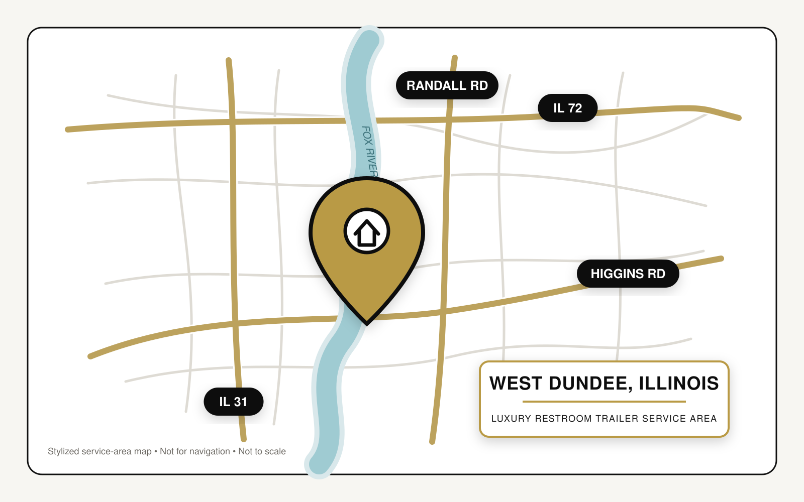 Map showing luxury restroom trailer service in West Dundee, Illinois, near Illinois Routes 31 and 72, Randall Road, Higgins Road, and the Fox River.