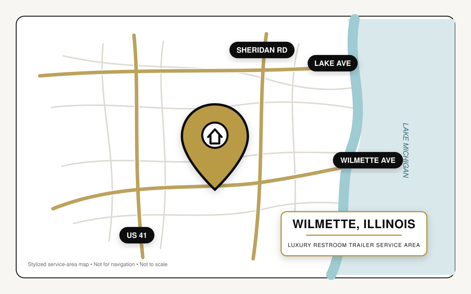 Map showing luxury restroom trailer service in Wilmette, Illinois, near US Route 41, Sheridan Road, Lake Avenue, Wilmette Avenue, and Lake Michigan.