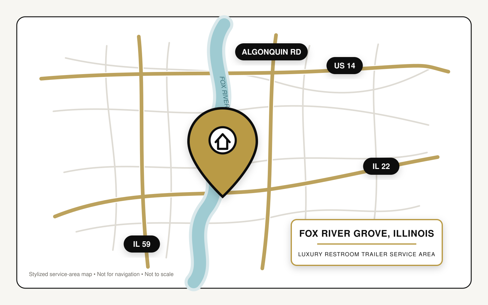 Map showing luxury restroom trailer service in Fox River Grove, Illinois, near US Route 14, Illinois Routes 22 and 59, Algonquin Road, and the Fox River.