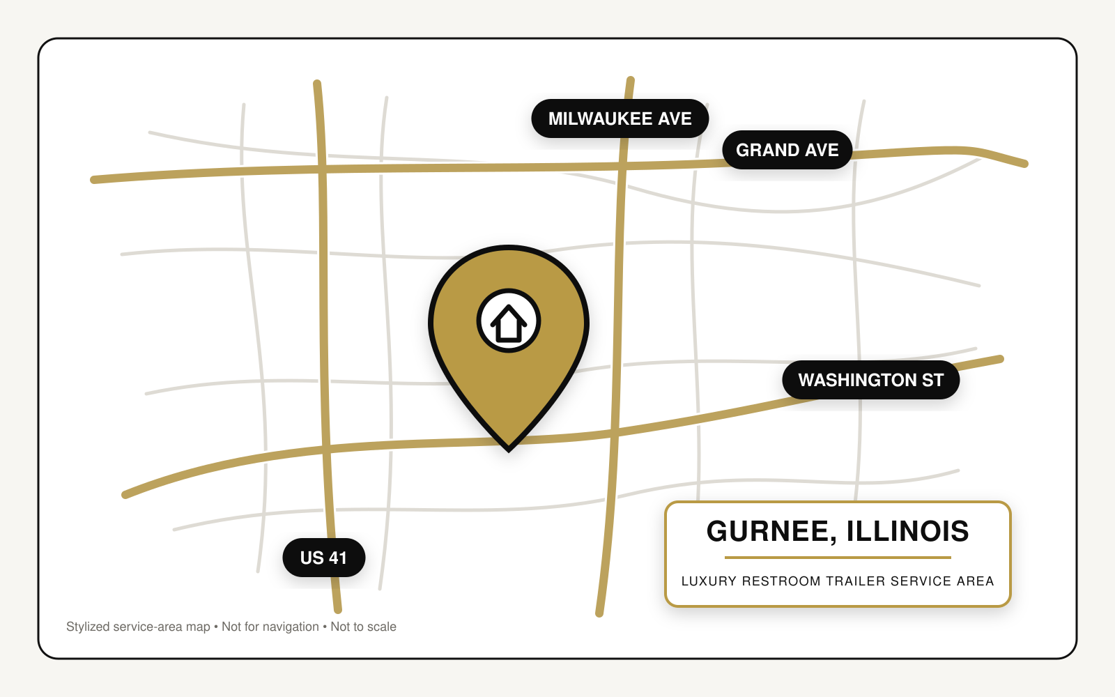 Stylized map highlighting restroom trailer service in Gurnee, Illinois, near Grand Avenue, Washington Street, U.S. Route 41, and Milwaukee Avenue.