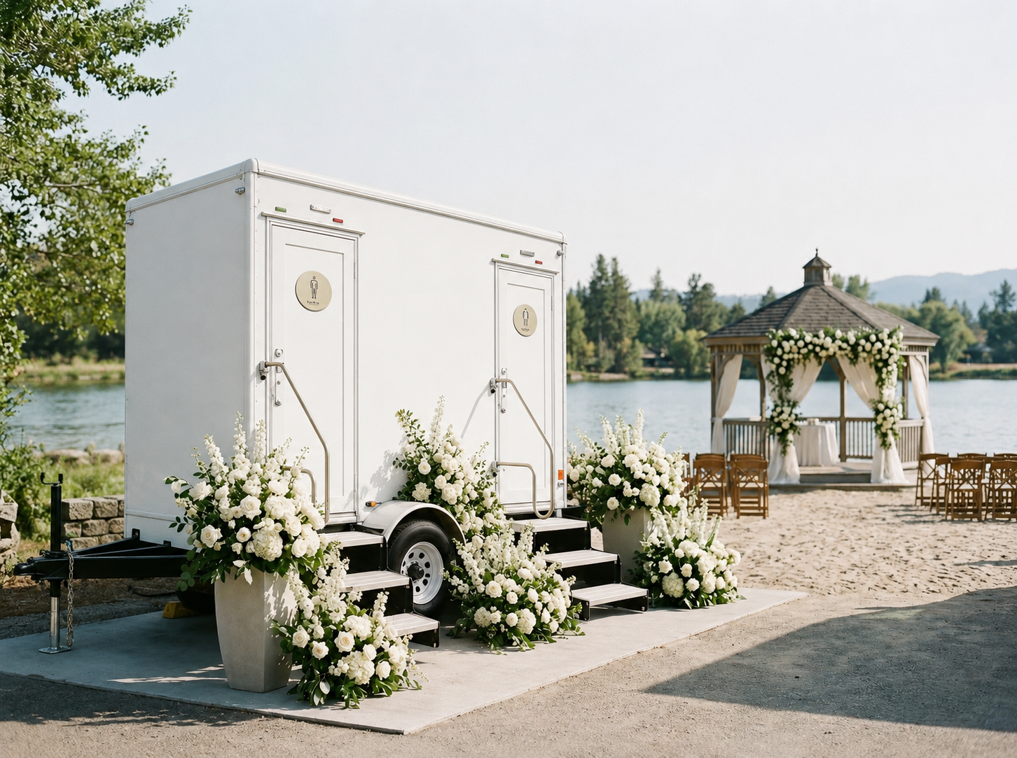 A mobile restroom trailer decorated with white flowers at an outdoor wedding venue near a lake, with a decorated gazebo in the background.