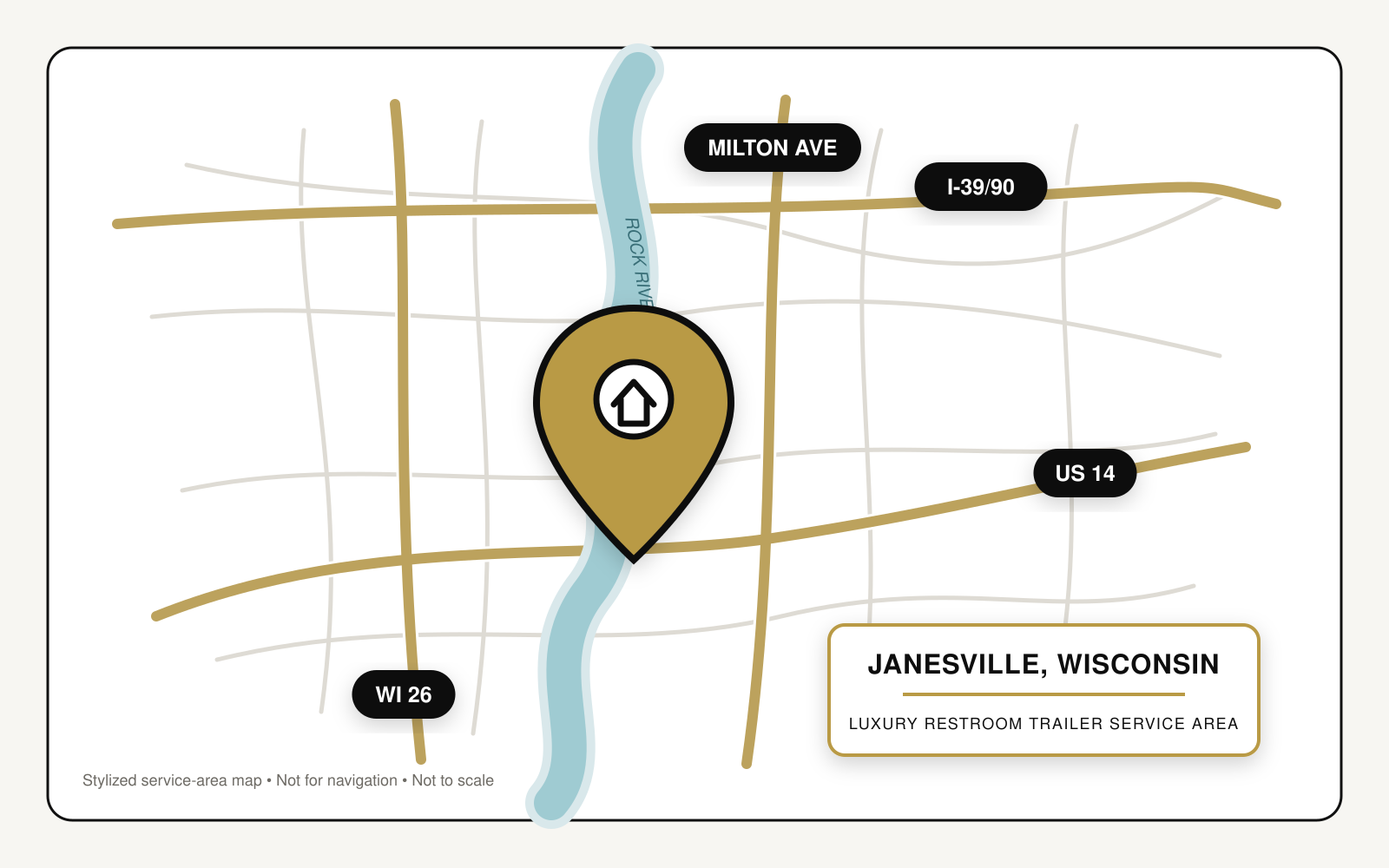 Stylized map highlighting luxury restroom trailer service in Janesville, Wisconsin, near Interstate 39/90, U.S. Route 14, Wisconsin Highway 26, Milton Avenue, and the Rock River.