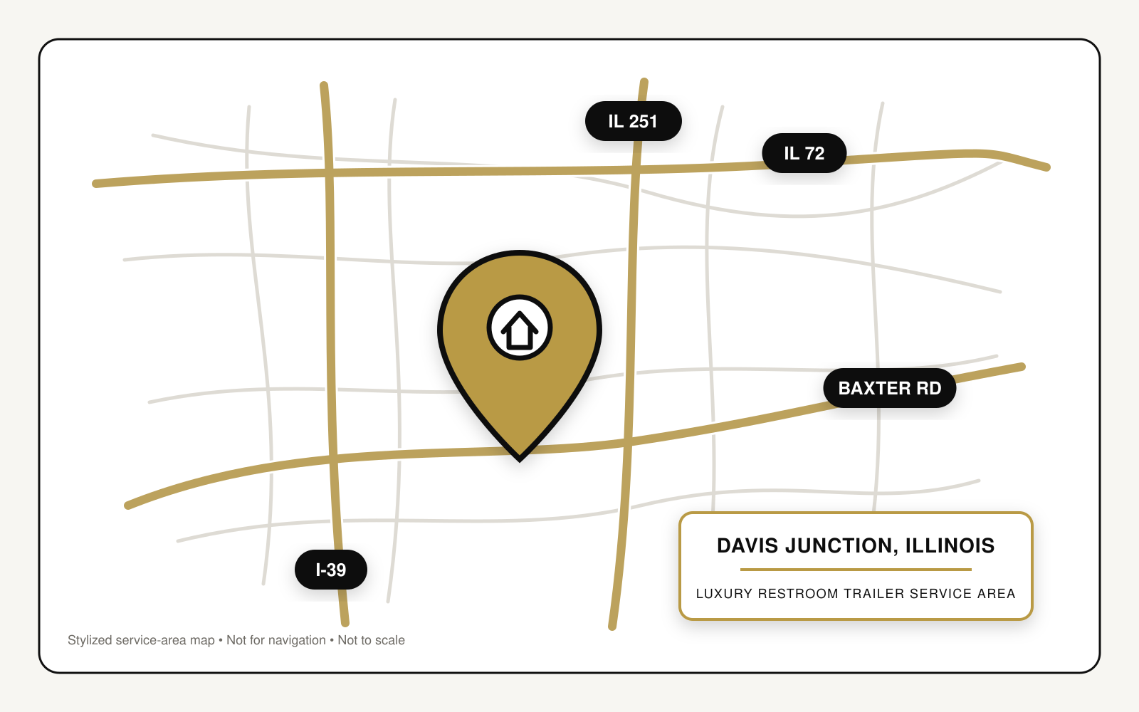 Stylized service-area map showing luxury restroom trailer service in Davis Junction, Illinois, near Interstate 39, Illinois Routes 72 and 251, and Baxter Road.