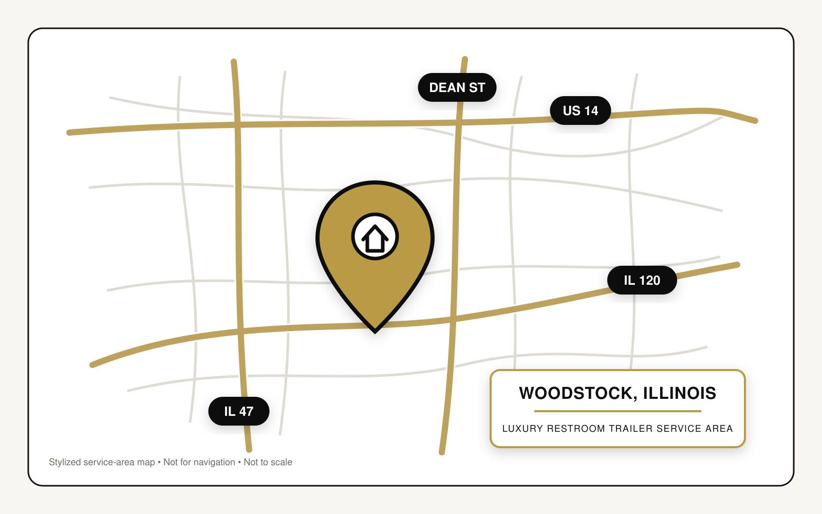 Map showing luxury restroom trailer service in Woodstock, Illinois, near US Route 14, Illinois Routes 47 and 120, and Dean Street.