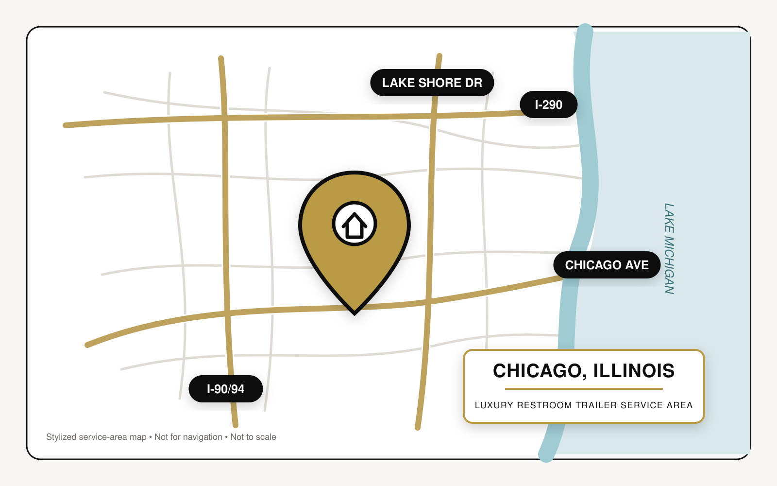 Stylized map highlighting luxury restroom trailer service in Chicago, Illinois, near Interstate 90/94, Interstate 290, Chicago Avenue, Lake Shore Drive, and Lake Michigan.