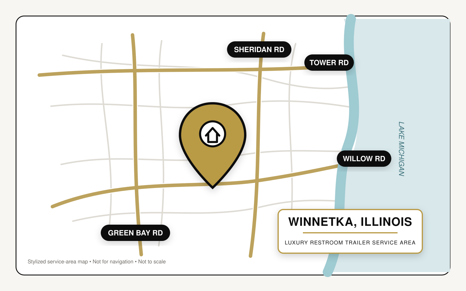 Map showing luxury restroom trailer service in Winnetka, Illinois, near Green Bay Road, Sheridan Road, Tower Road, Willow Road, and Lake Michigan.