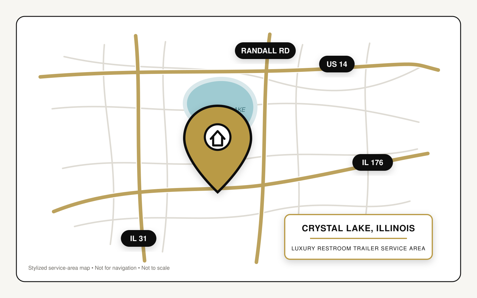 Map showing luxury restroom trailer service in Crystal Lake, Illinois, near US Route 14, Illinois Routes 31 and 176, Randall Road, and Crystal Lake.