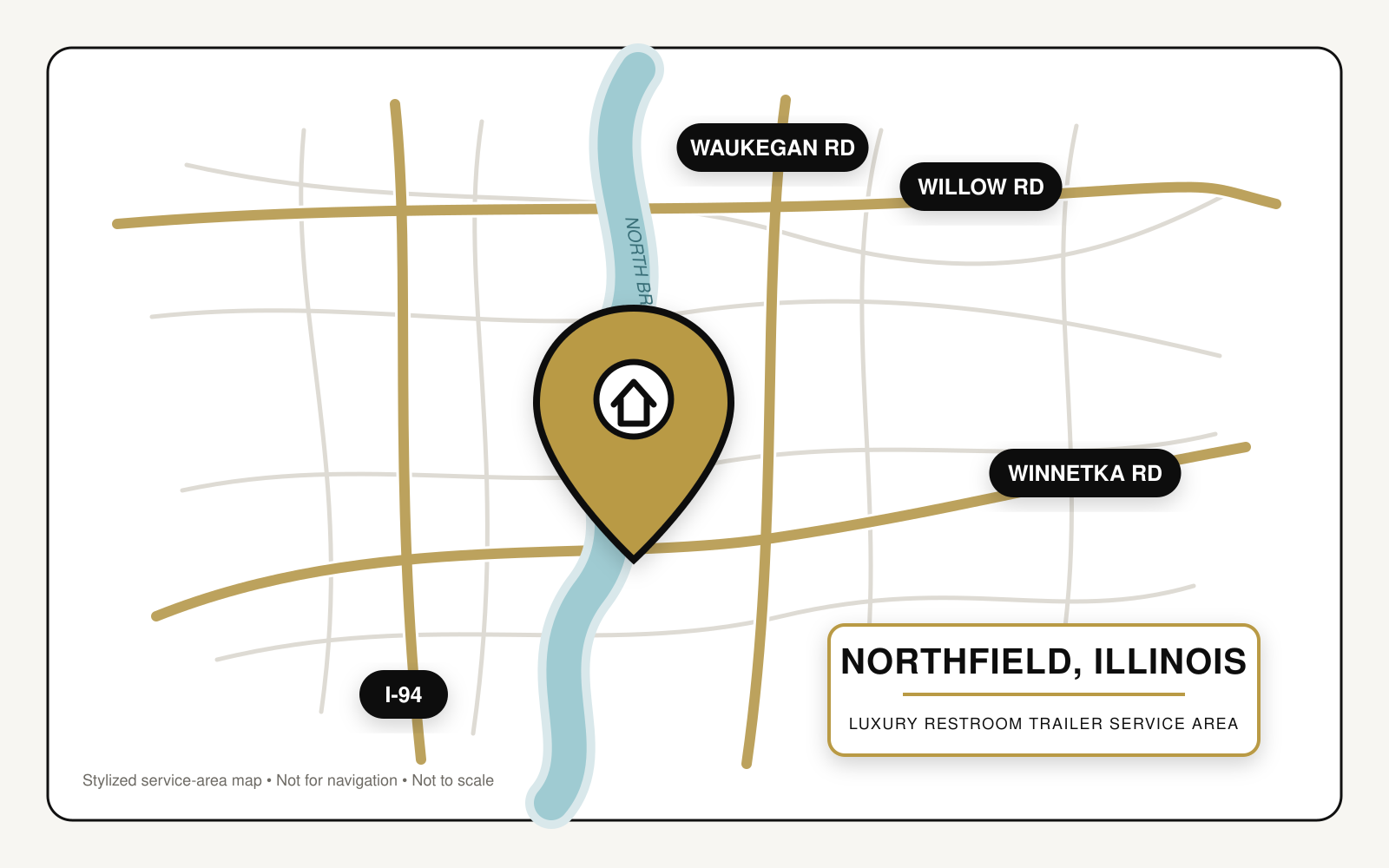 Map showing luxury restroom trailer service in Northfield, Illinois, near Interstate 94, Waukegan Road, Willow Road, Winnetka Road, and the North Branch of the Chicago River.