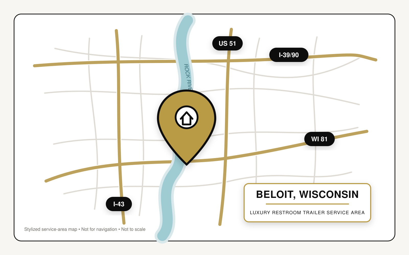 Stylized map highlighting luxury restroom trailer service in Beloit, Wisconsin, near Interstate 39/90, Interstate 43, U.S. Route 51, Wisconsin Highway 81, and the Rock River.