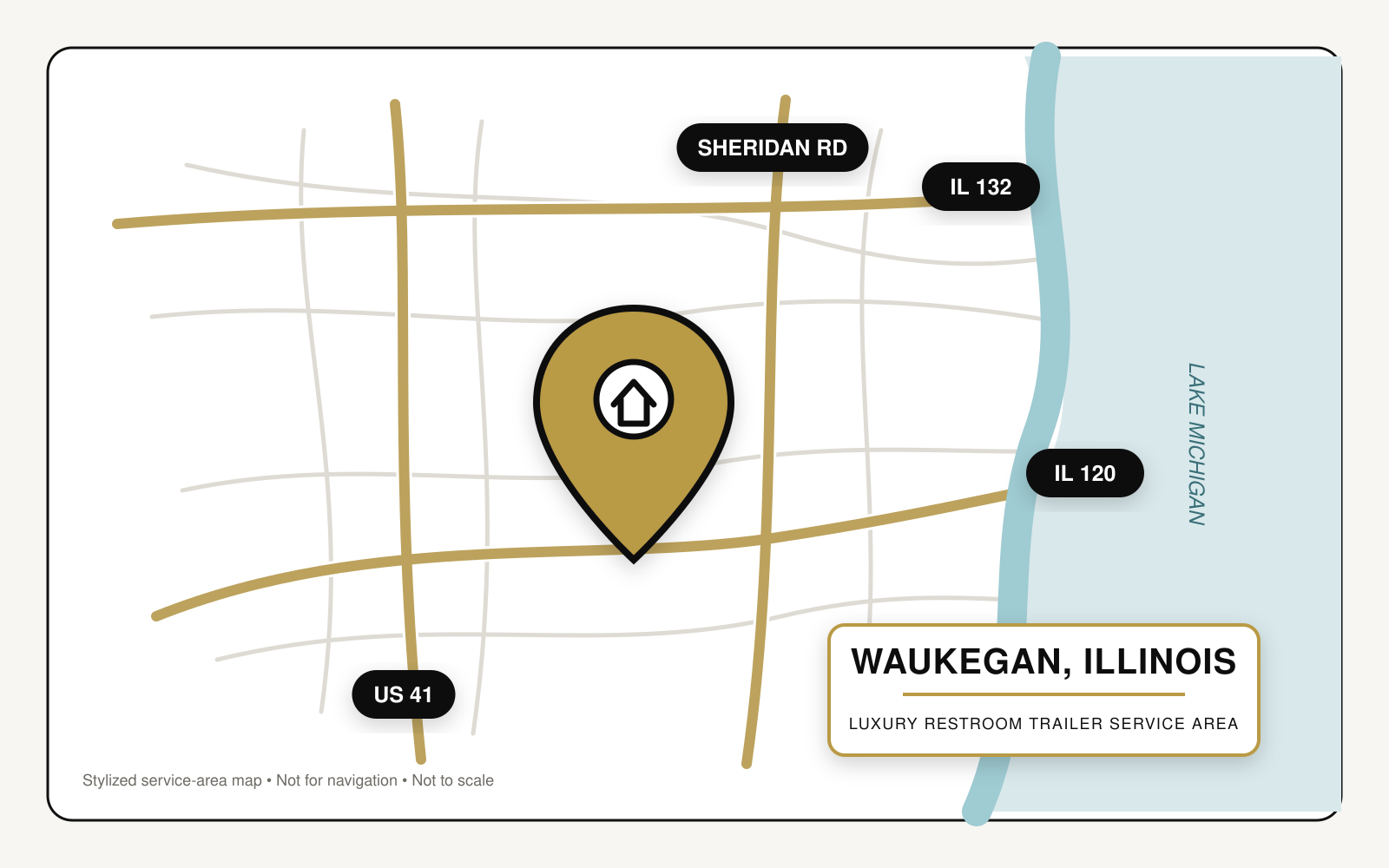 Stylized service-area map showing luxury restroom trailer service in Waukegan, Illinois, near U.S. Route 41, Illinois Routes 120 and 132, Sheridan Road, and Lake Michigan.