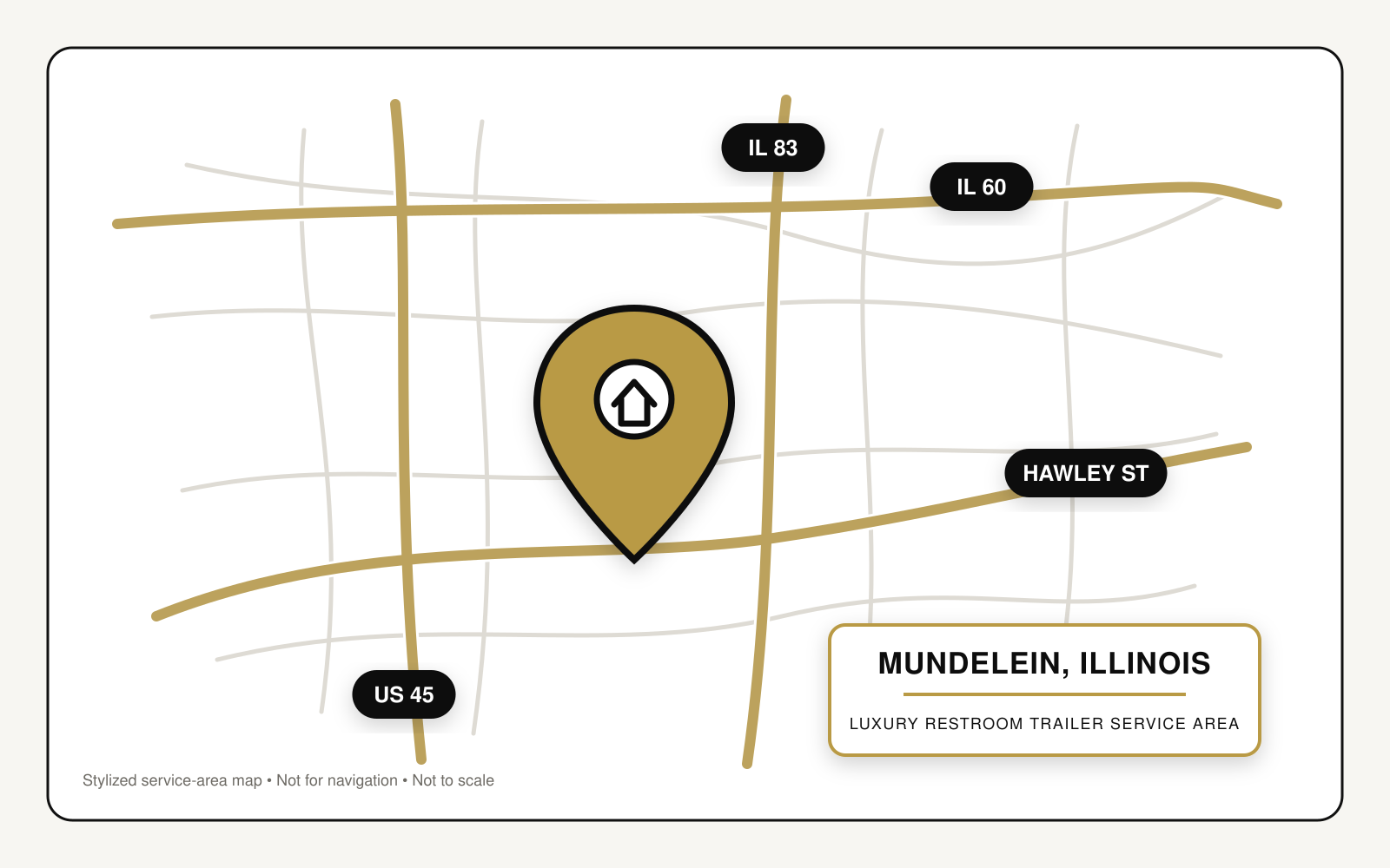 Stylized map highlighting restroom trailer service in Mundelein, Illinois, near Illinois Routes 60 and 83, U.S. Route 45, and Hawley Street.