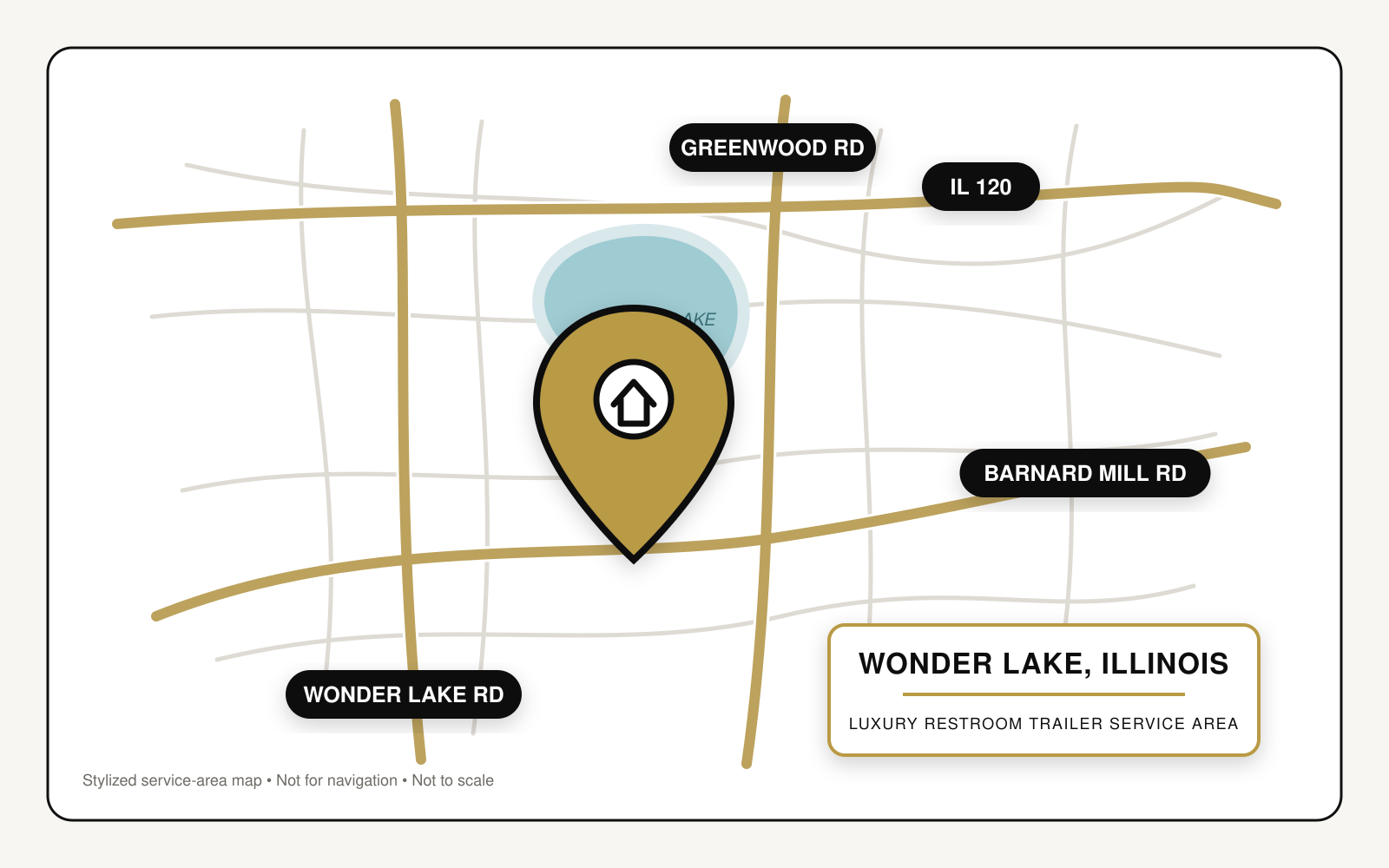 Stylized service-area map showing luxury restroom trailer service in Wonder Lake, Illinois, near Illinois Route 120, Wonder Lake Road, Greenwood Road, Barnard Mill Road, and Wonder Lake.