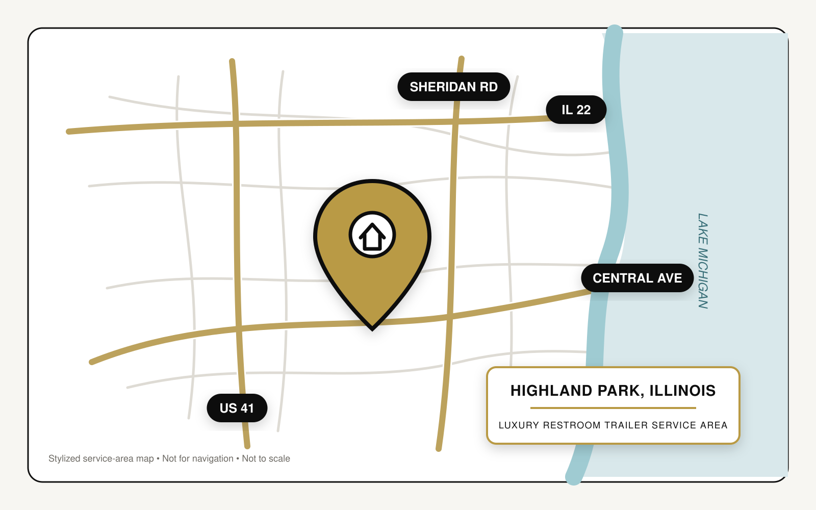Map showing luxury restroom trailer service in Highland Park, Illinois, near US Route 41, Illinois Route 22, Central Avenue, Sheridan Road, and Lake Michigan.