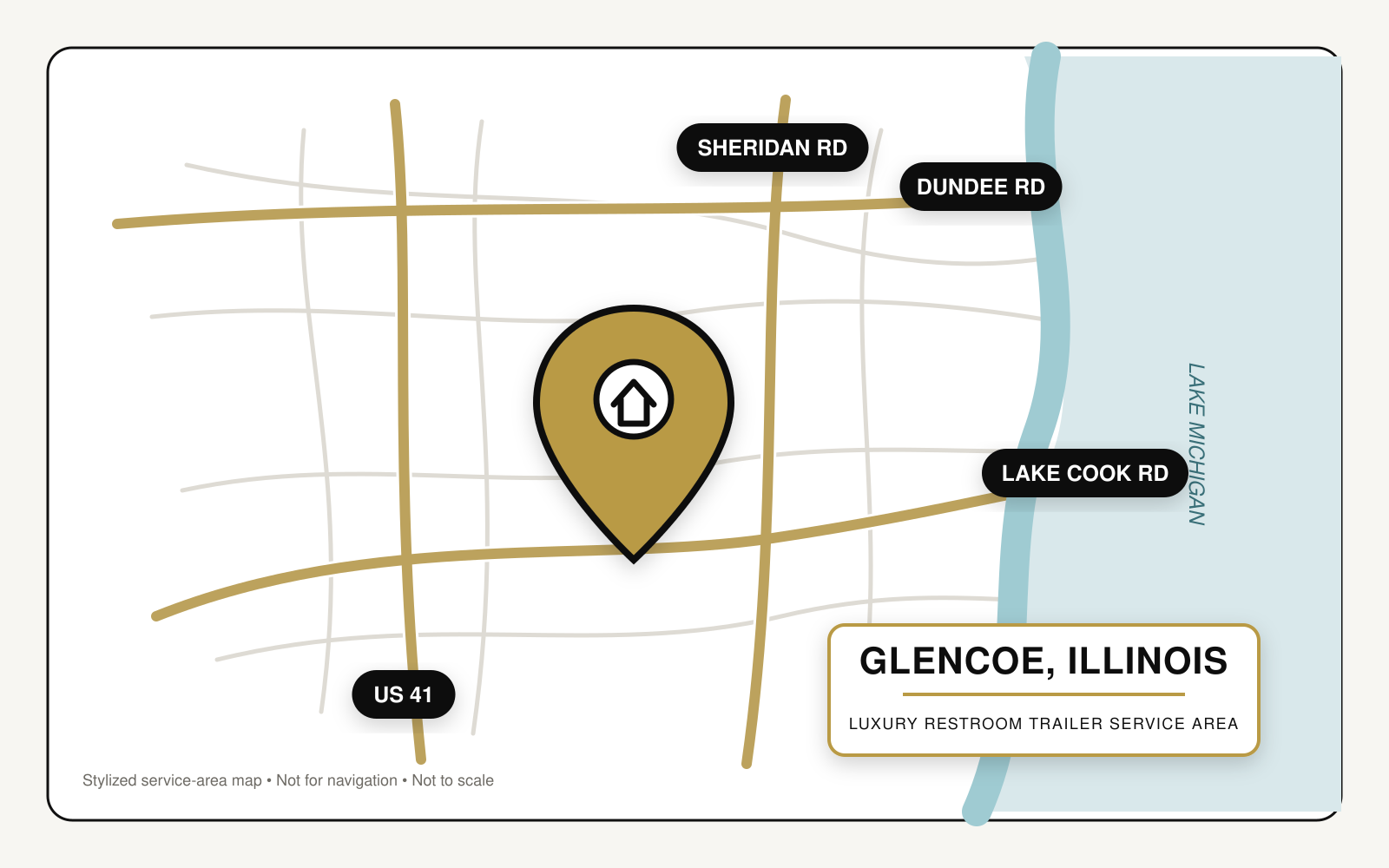 Map showing luxury restroom trailer service in Glencoe, Illinois, near US Route 41, Sheridan Road, Dundee Road, Lake Cook Road, and Lake Michigan.