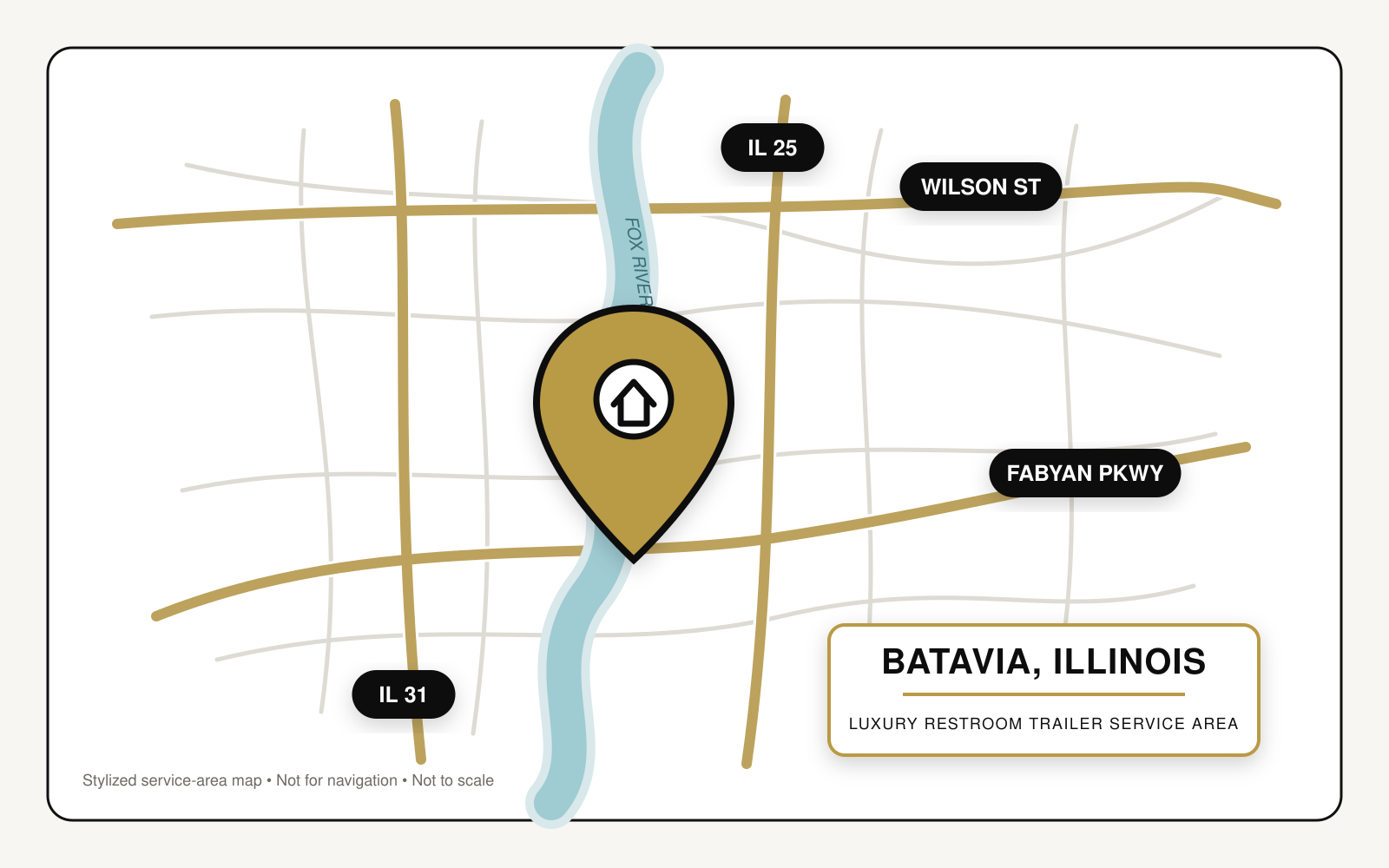 Stylized map highlighting restroom trailer service in Batavia, Illinois, near Wilson Street, Fabyan Parkway, Illinois Routes 25 and 31, and the Fox River.