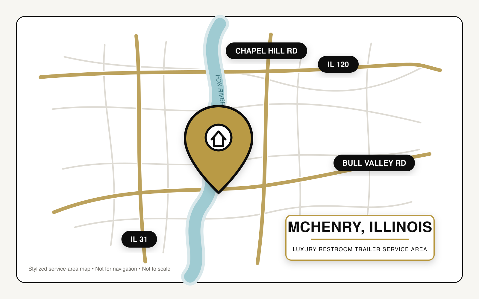 Map showing luxury restroom trailer service in McHenry, Illinois, near Illinois Routes 31 and 120, Bull Valley Road, Chapel Hill Road, and the Fox River.