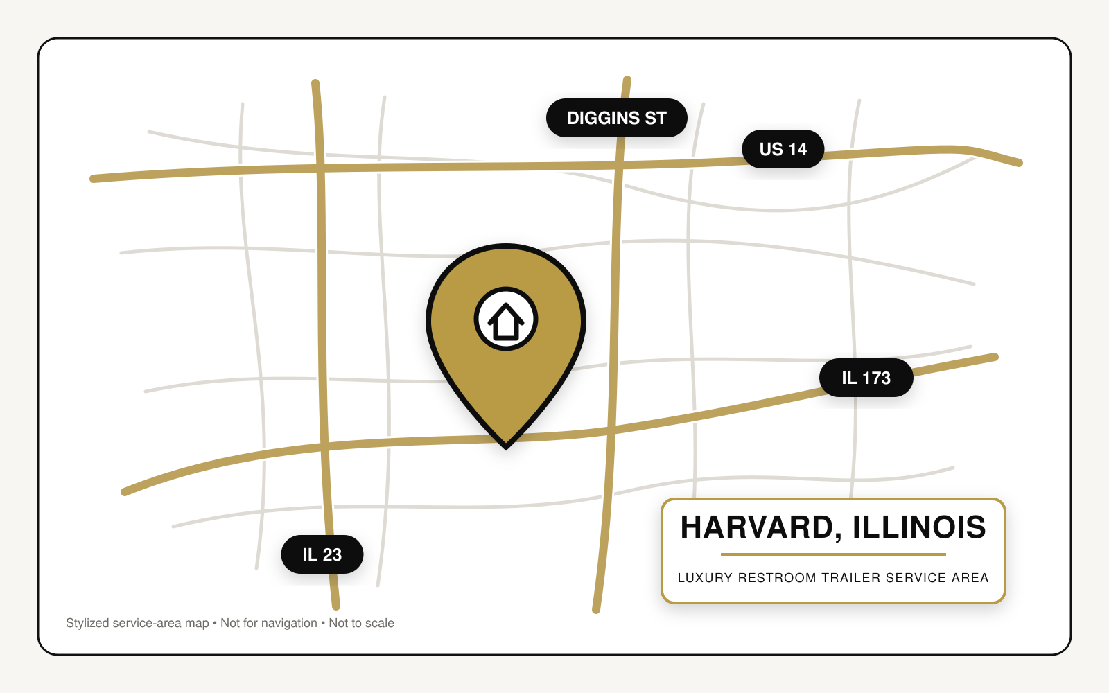 Map showing luxury restroom trailer service in Harvard, Illinois, near US Route 14, Illinois Routes 23 and 173, and Diggins Street.