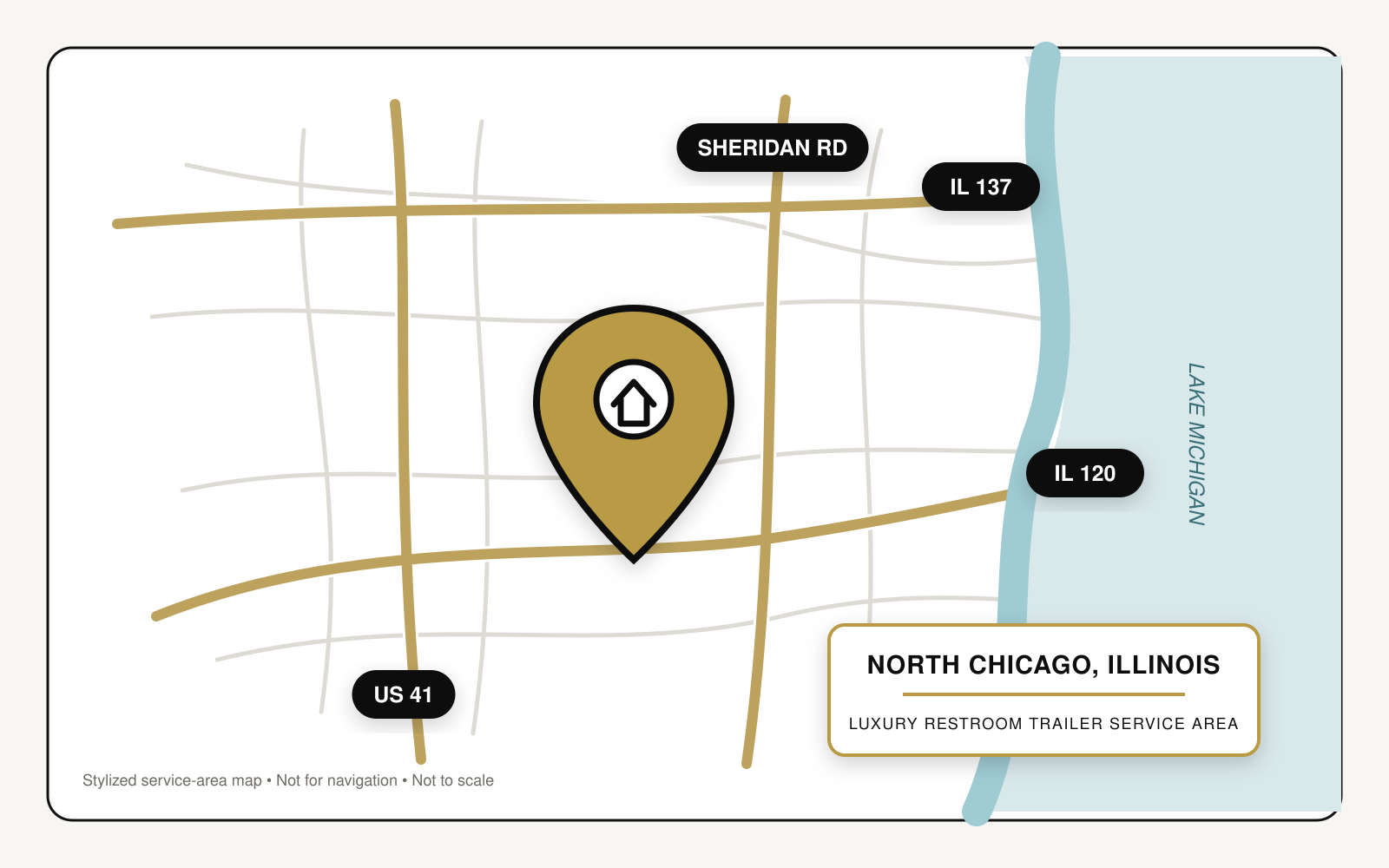 Stylized service-area map showing luxury restroom trailer service in North Chicago, Illinois, near U.S. Route 41, Illinois Routes 120 and 137, Sheridan Road, and Lake Michigan.