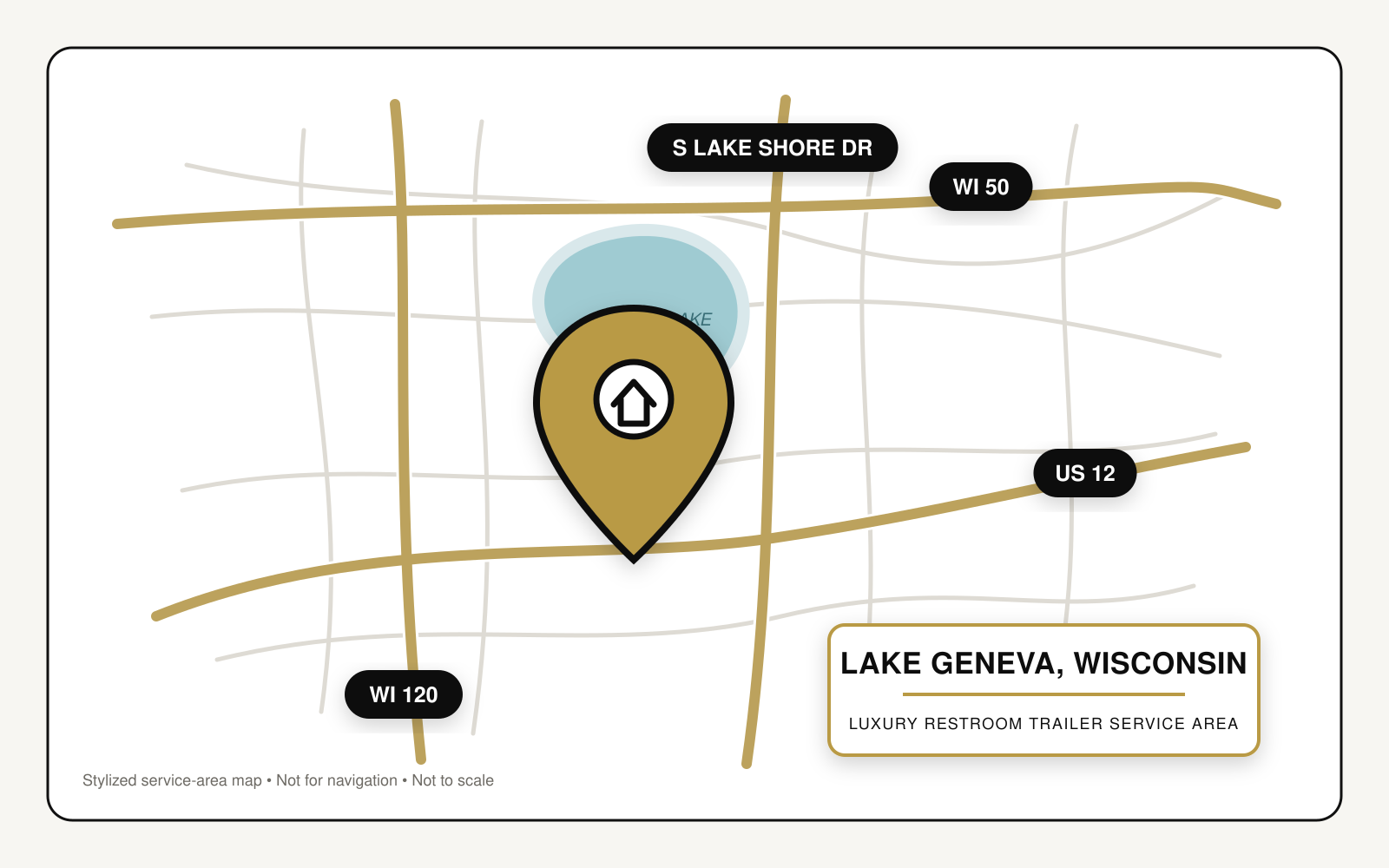 Map showing luxury restroom trailer service in Lake Geneva, Wisconsin, near US Route 12, Wisconsin Routes 50 and 120, South Lake Shore Drive, and Geneva Lake.