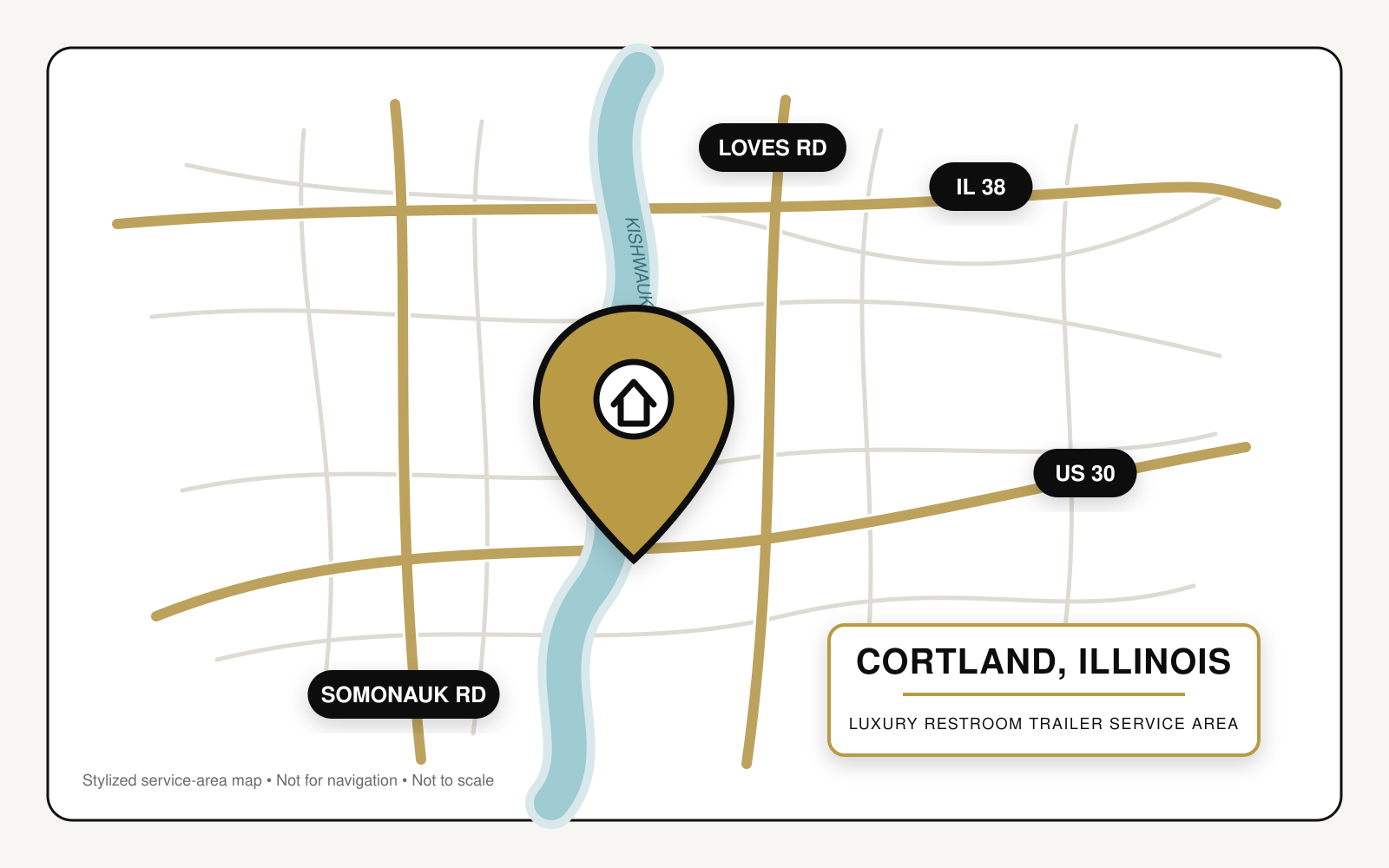 Stylized service-area map showing luxury restroom trailer service in Cortland, Illinois, near Illinois Route 38, U.S. Route 30, Somonauk Road, Loves Road, and the Kishwaukee River.
