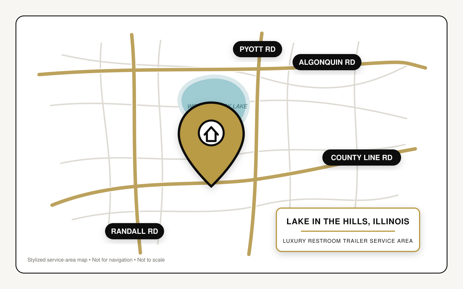 Map showing luxury restroom trailer service in Lake in the Hills, Illinois, near Algonquin Road, Randall Road, Pyott Road, County Line Road, and Woods Creek Lake.