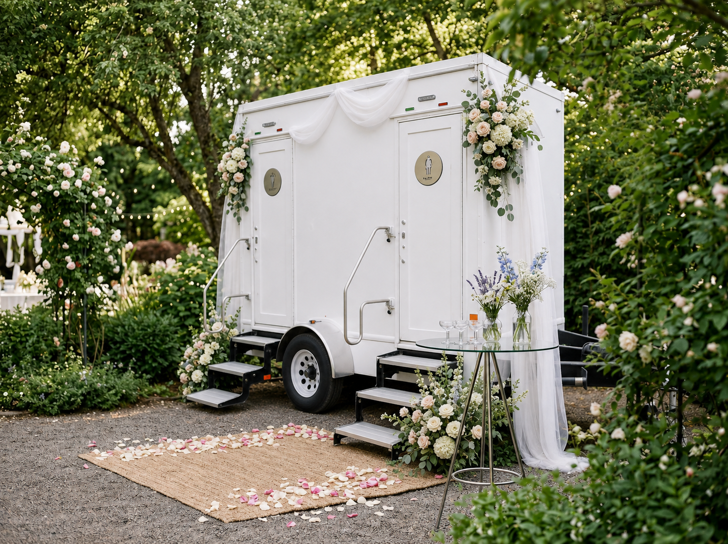 A white mobile restroom trailer decorated with flowers and drapery for a wedding, set outdoors among trees and bushes with rose petals scattered on the ground.