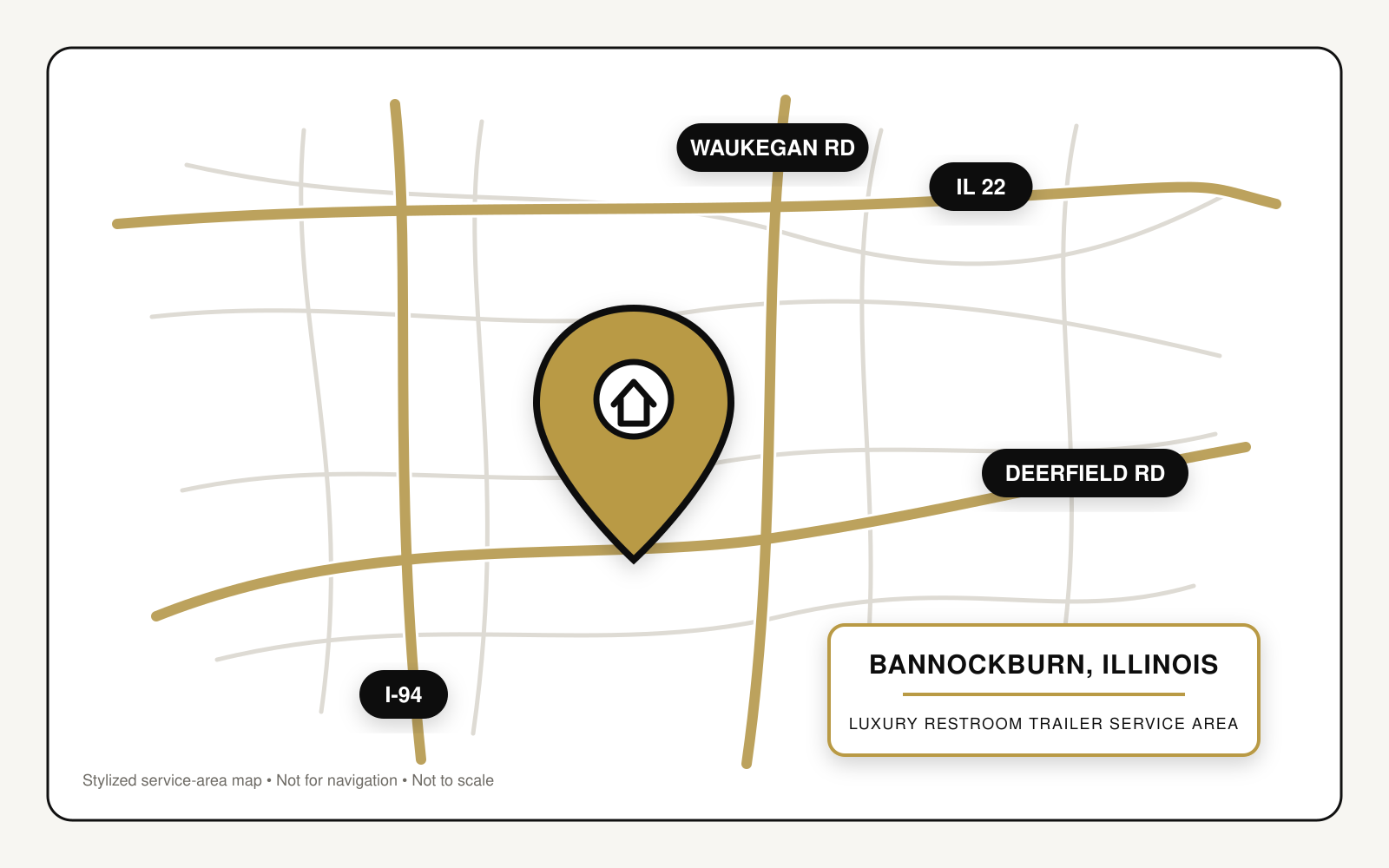 Map showing luxury restroom trailer service in Bannockburn, Illinois, near Interstate 94, Illinois Route 22, Waukegan Road, and Deerfield Road.