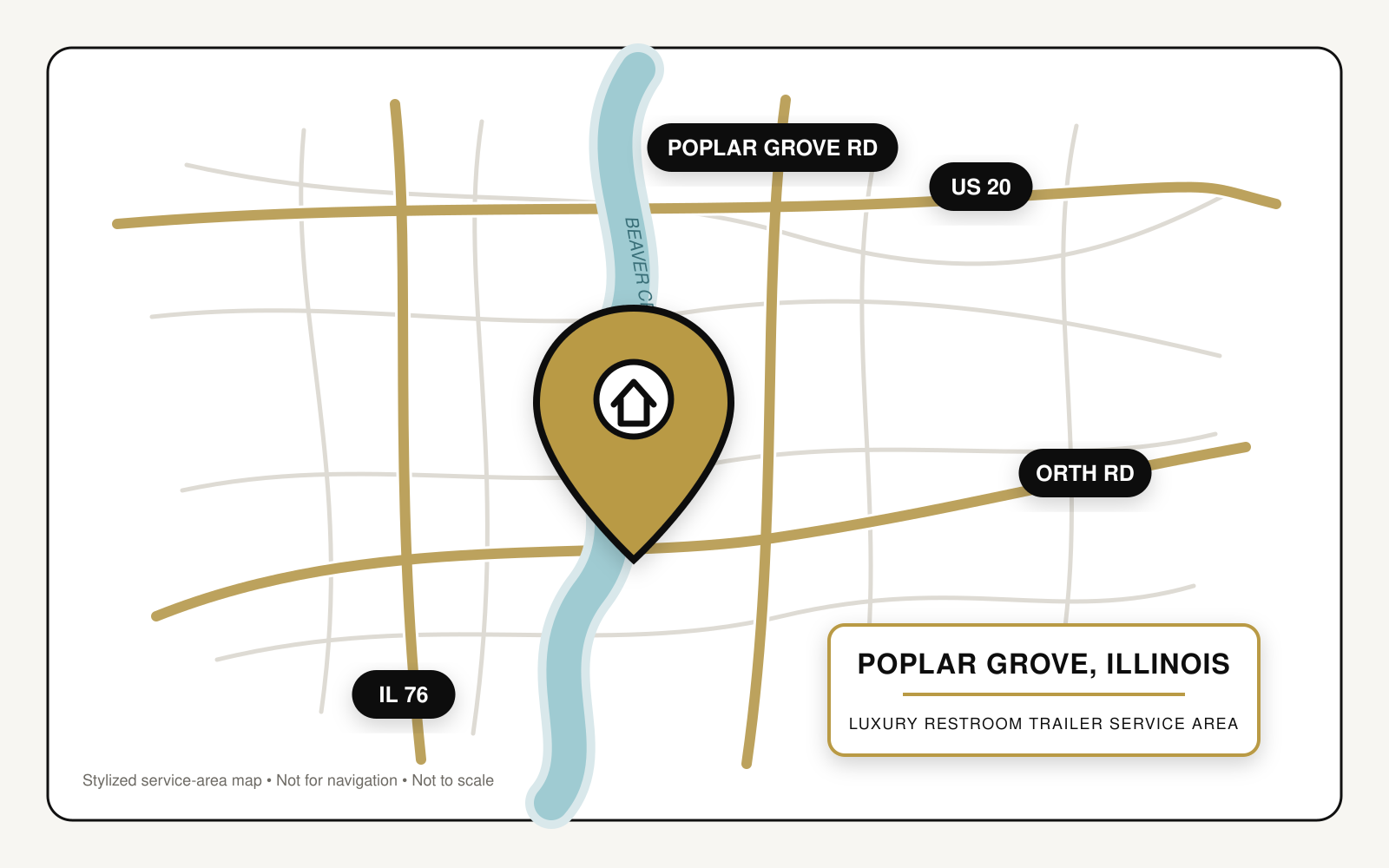 Stylized service-area map showing luxury restroom trailer service in Poplar Grove, Illinois, near U.S. Route 20, Illinois Route 76, Poplar Grove Road, Orth Road, and Beaver Creek.