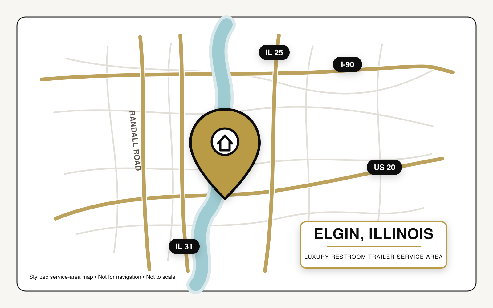 Map of Elgin, Illinois showing major roads and a highlighted area for a luxury restroom trailer service, with a large marker pin indicating the location.