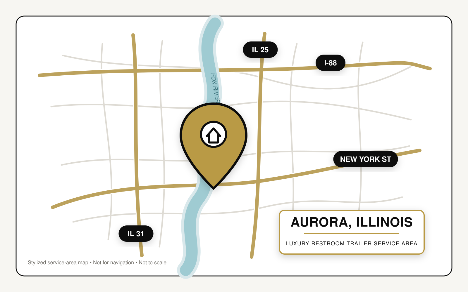 Stylized service-area map showing luxury restroom trailer service in Aurora, Illinois, near Interstate 88, Illinois Routes 25 and 31, New York Street, and the Fox River.