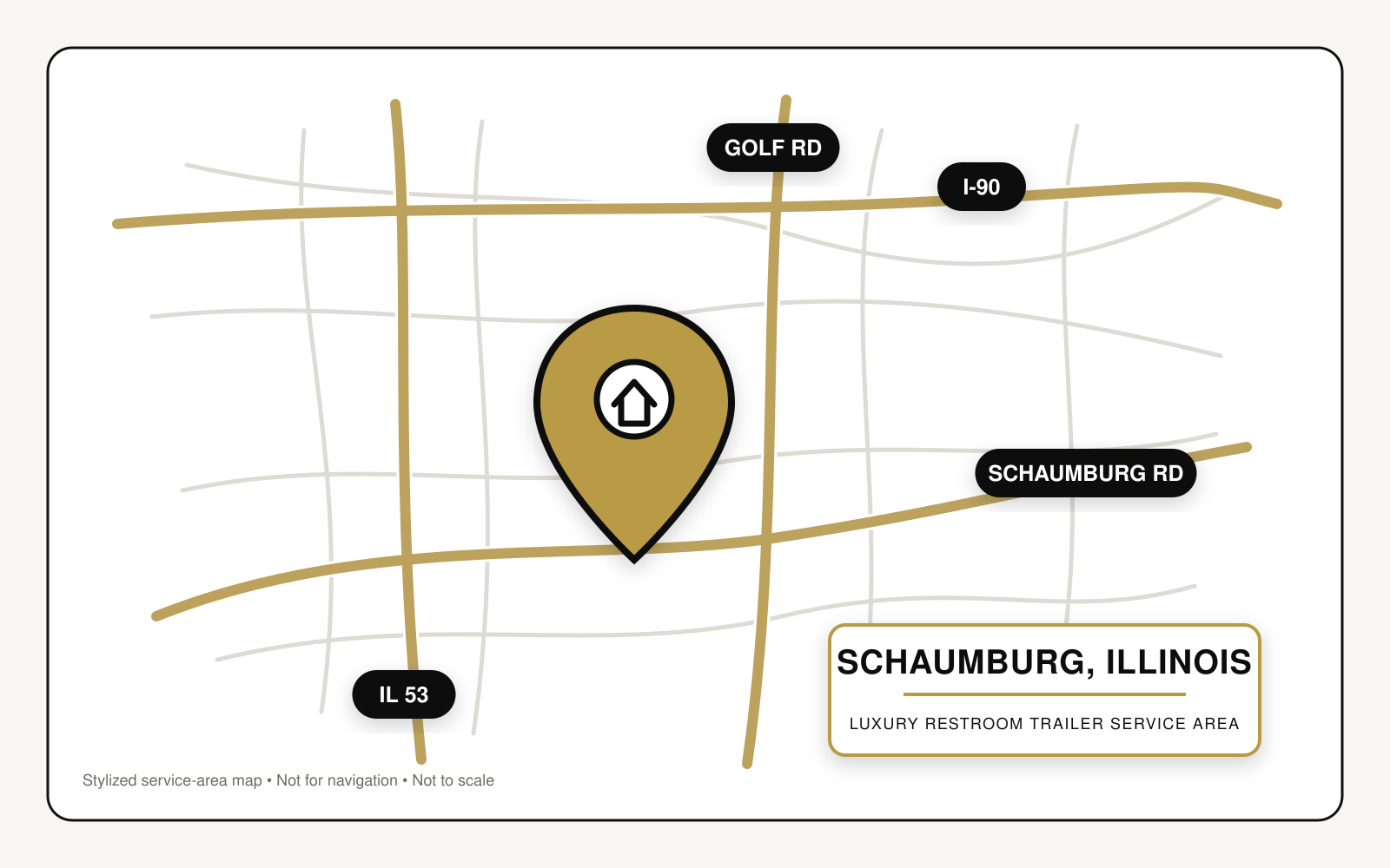 Map showing luxury restroom trailer service in Schaumburg, Illinois, near Interstate 90, Illinois Route 53, Golf Road, and Schaumburg Road.