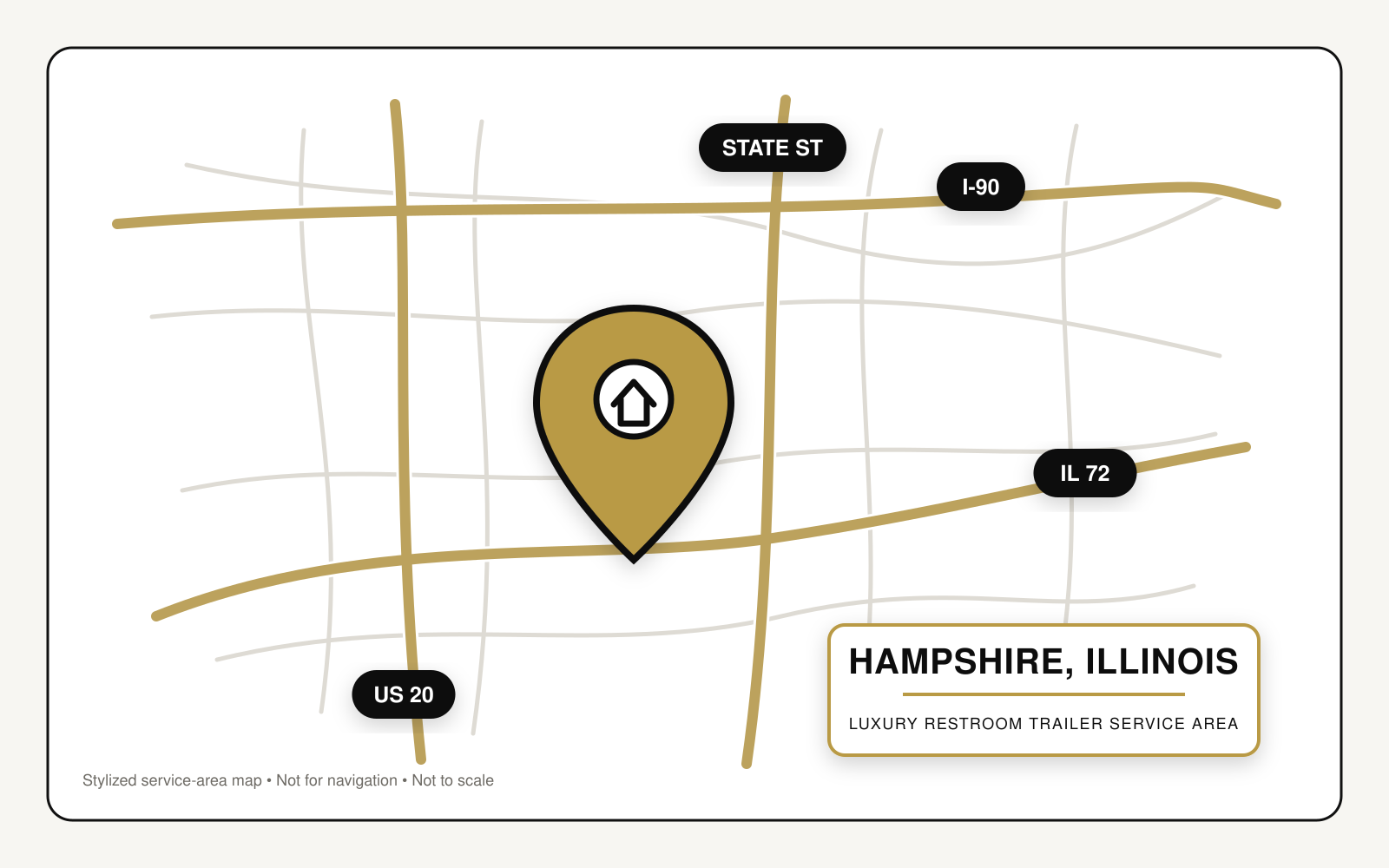 Map showing luxury restroom trailer service in Hampshire, Illinois, near Interstate 90, US Route 20, Illinois Route 72, and State Street.