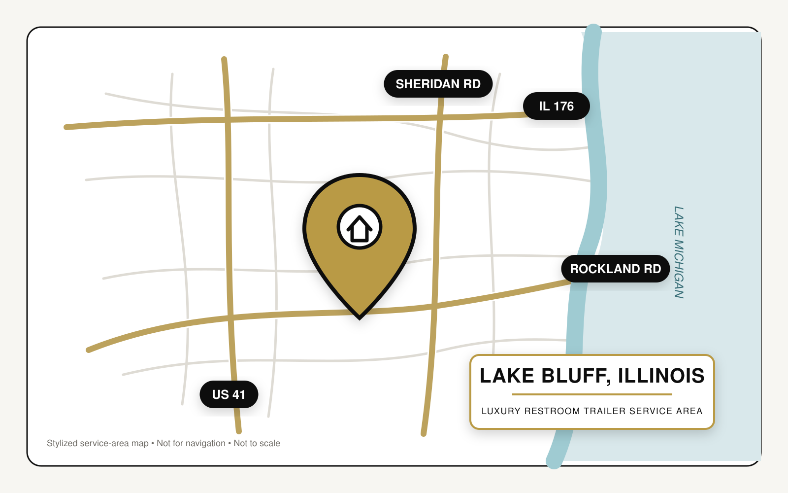Map showing luxury restroom trailer service in Lake Bluff, Illinois, near US Route 41, Illinois Route 176, Sheridan Road, Rockland Road, and Lake Michigan.
