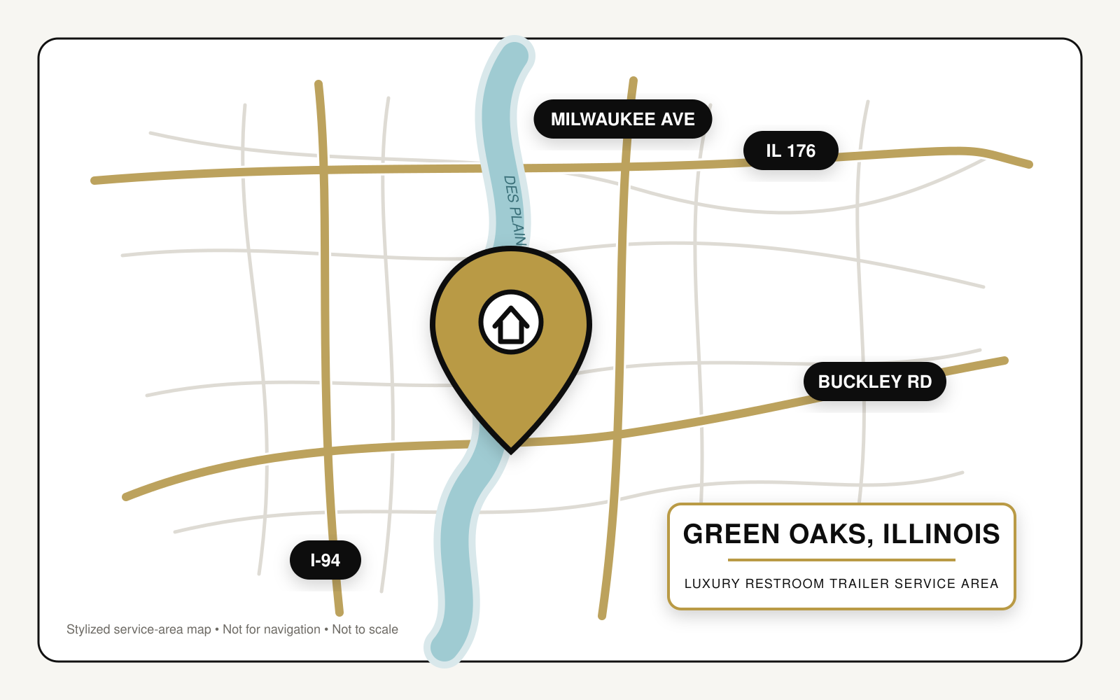 Map showing luxury restroom trailer service in Green Oaks, Illinois, near Interstate 94, Illinois Route 176, Milwaukee Avenue, Buckley Road, and the Des Plaines River.