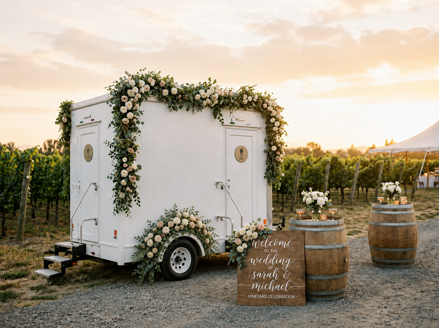 Wedding reception setup at a vineyard with a decorated white trailer, floral arrangements on wine barrels, and a welcome sign for Sarah and Michael.