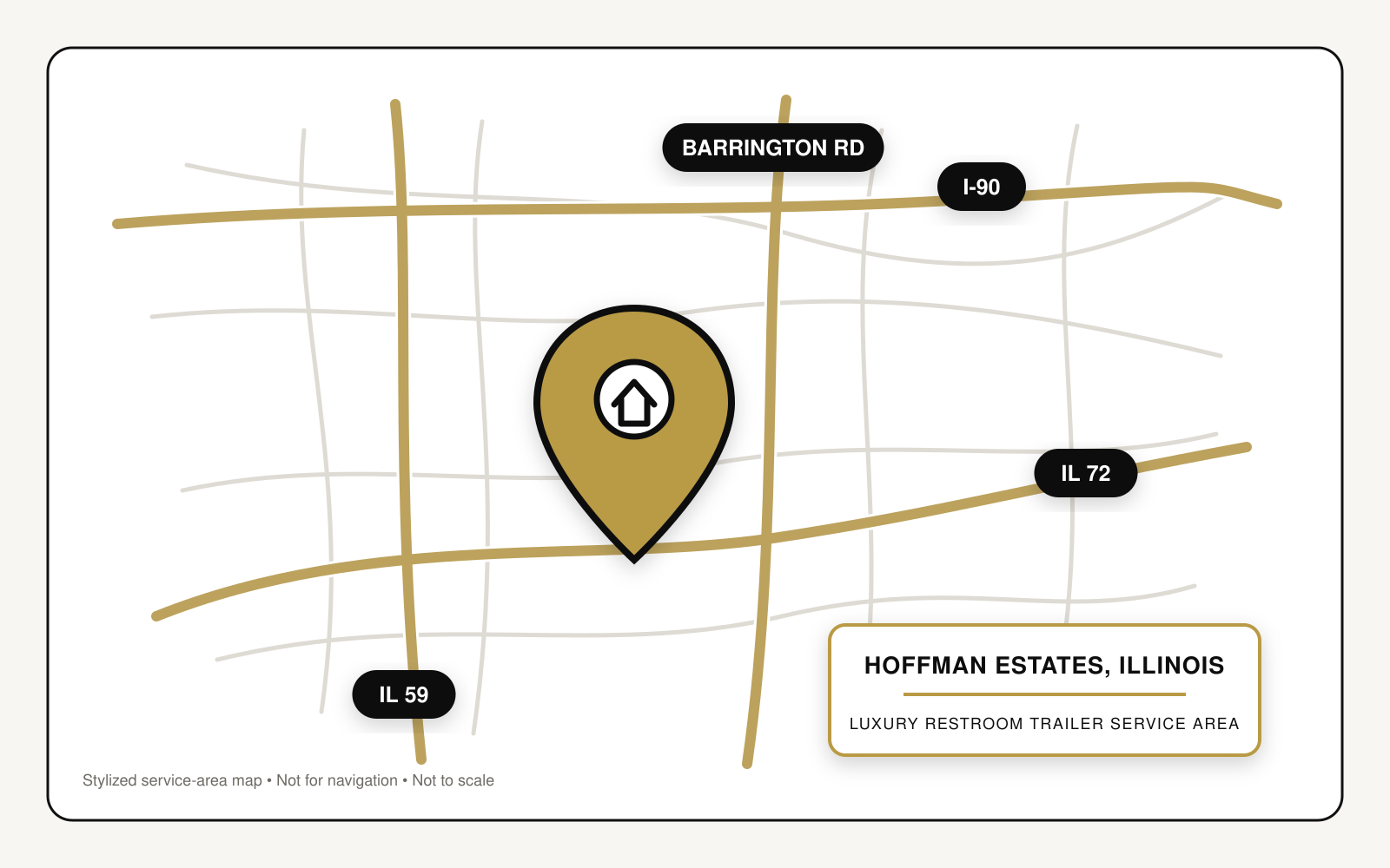 Stylized map highlighting restroom trailer service in Hoffman Estates, Illinois, near I-90, Illinois Route 72, Illinois Route 59, and Barrington Road.
