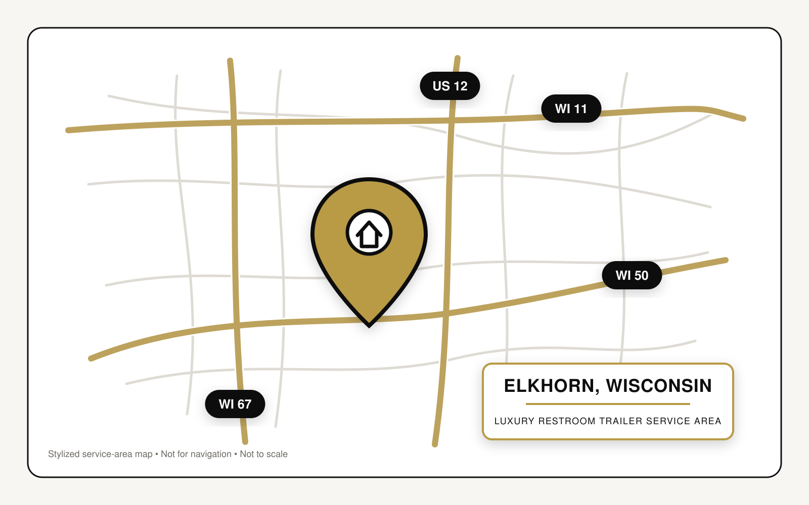 Stylized map highlighting restroom trailer service in Elkhorn, Wisconsin, with labels for Wisconsin Highways 11, 50, and 67 and U.S. Route 12.