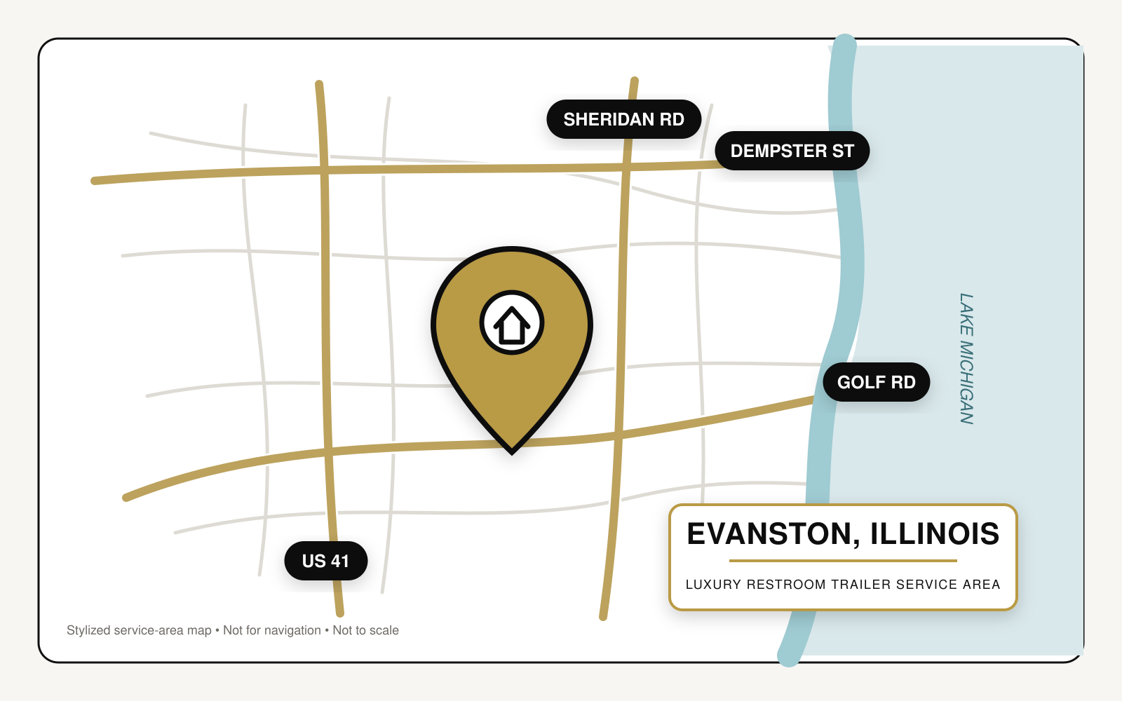 Map showing luxury restroom trailer service in Evanston, Illinois, near US Route 41, Sheridan Road, Dempster Street, Golf Road, and Lake Michigan.