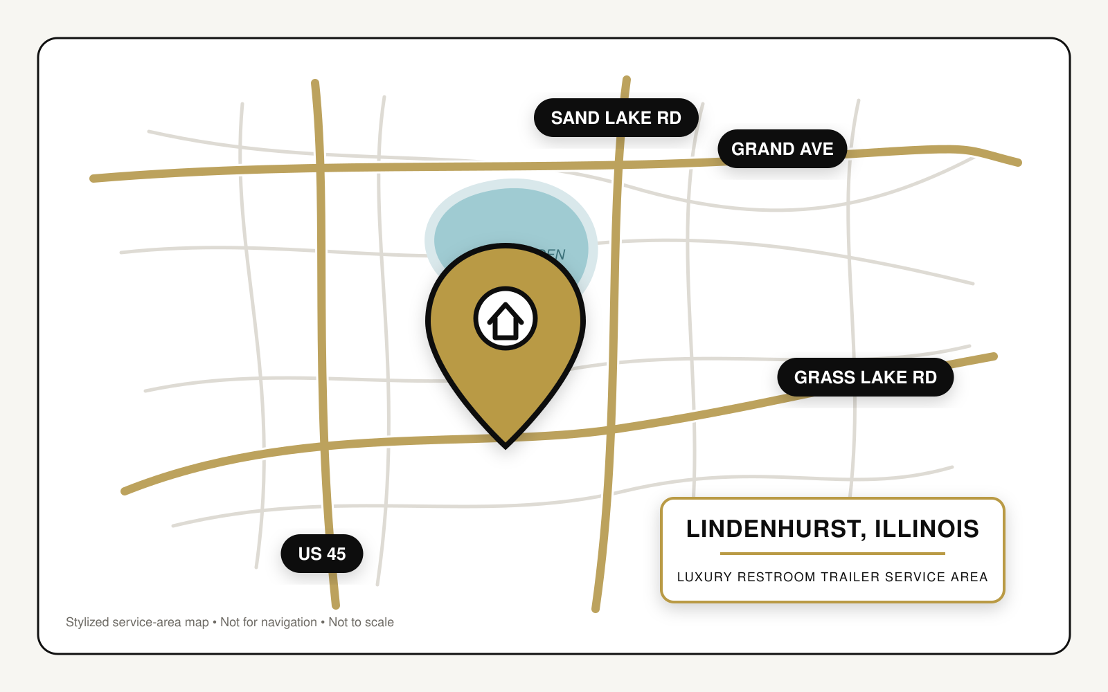Stylized service-area map showing luxury restroom trailer service in Lindenhurst, Illinois, near Grand Avenue, Grass Lake Road, U.S. Route 45, Sand Lake Road, and Lake Linden.