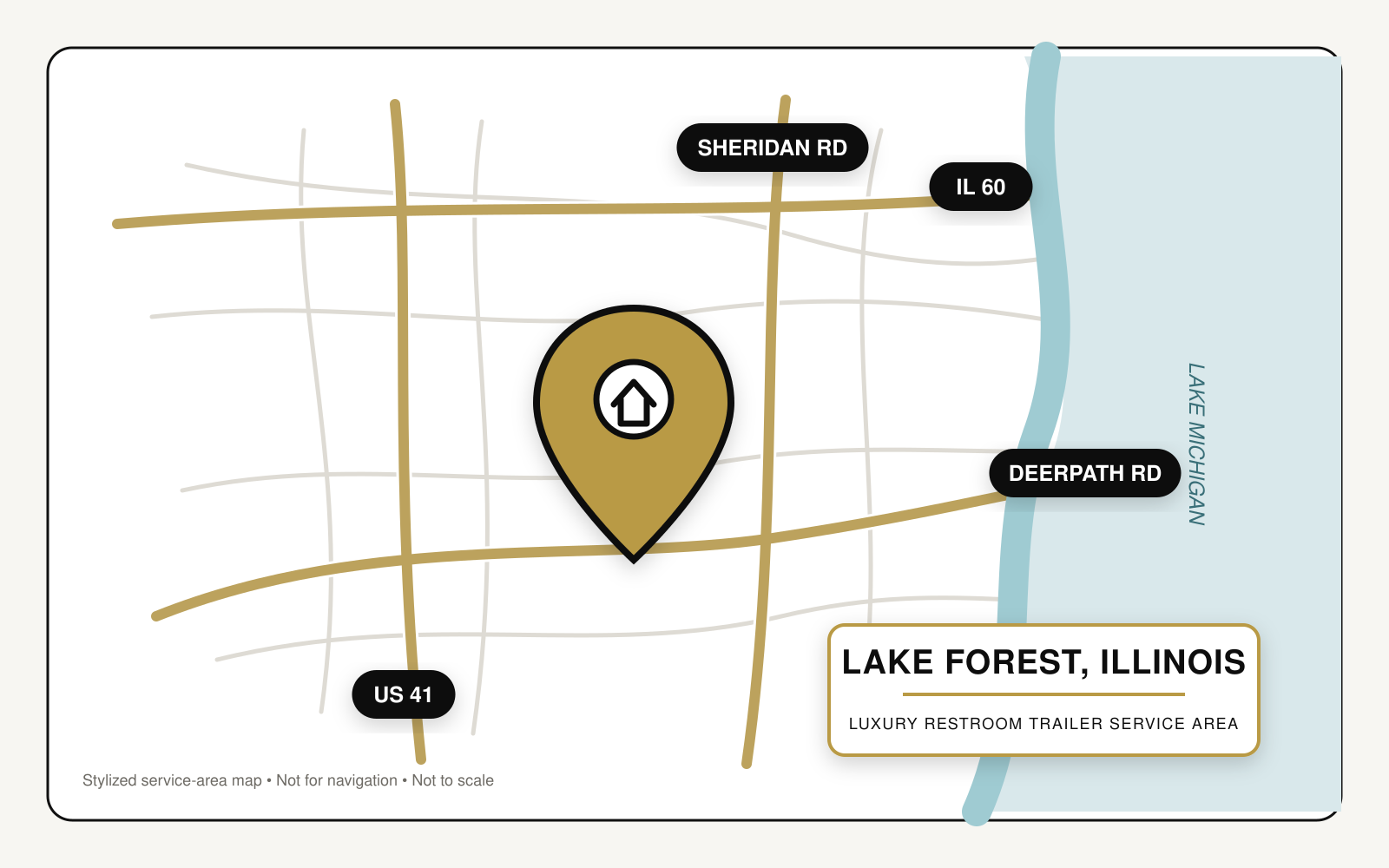 Map showing luxury restroom trailer service in Lake Forest, Illinois, near US Route 41, Illinois Route 60, Deerpath Road, Sheridan Road, and Lake Michigan.