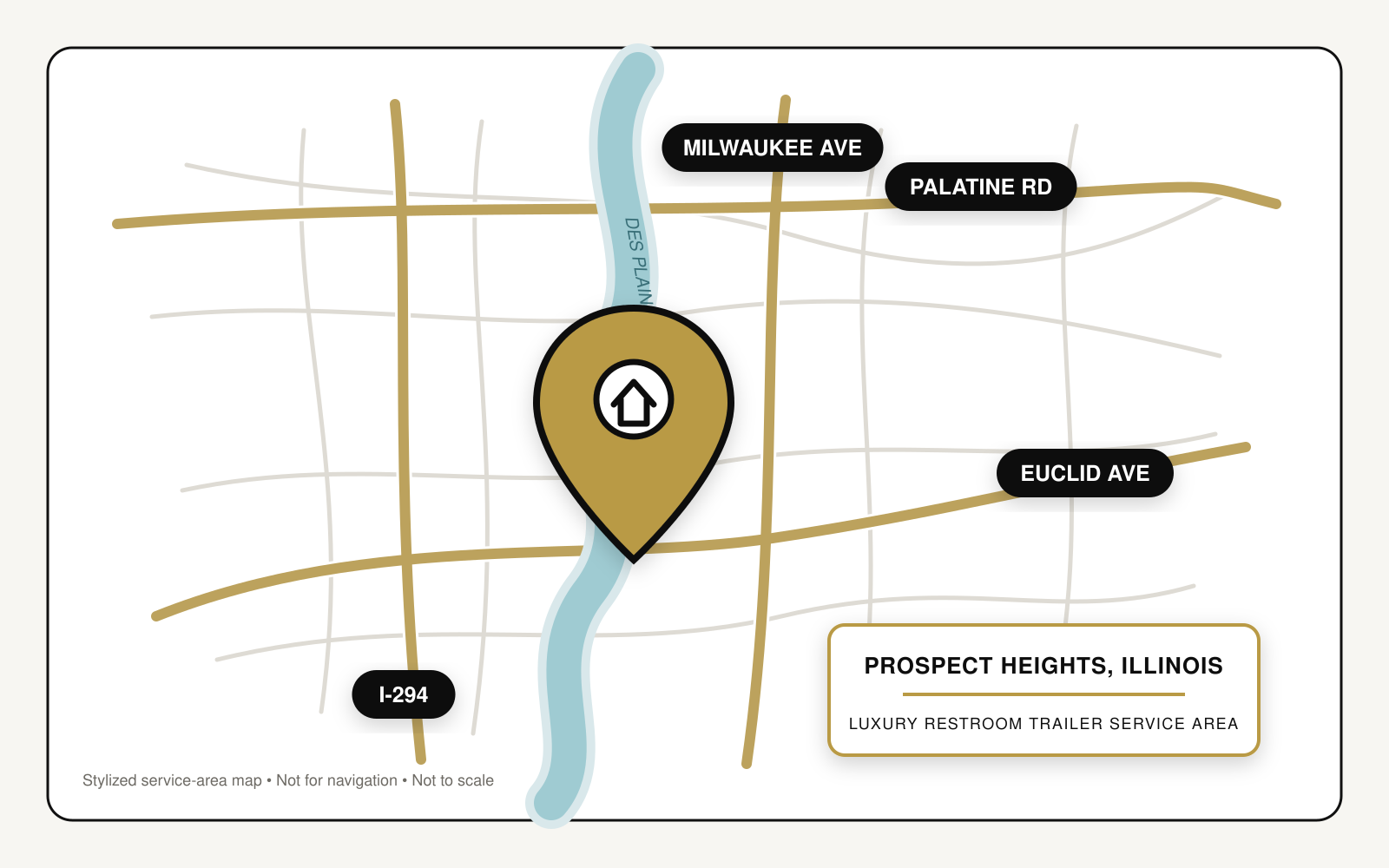 Map showing luxury restroom trailer service in Prospect Heights, Illinois, near Interstate 294, Milwaukee Avenue, Palatine Road, Euclid Avenue, and the Des Plaines River.