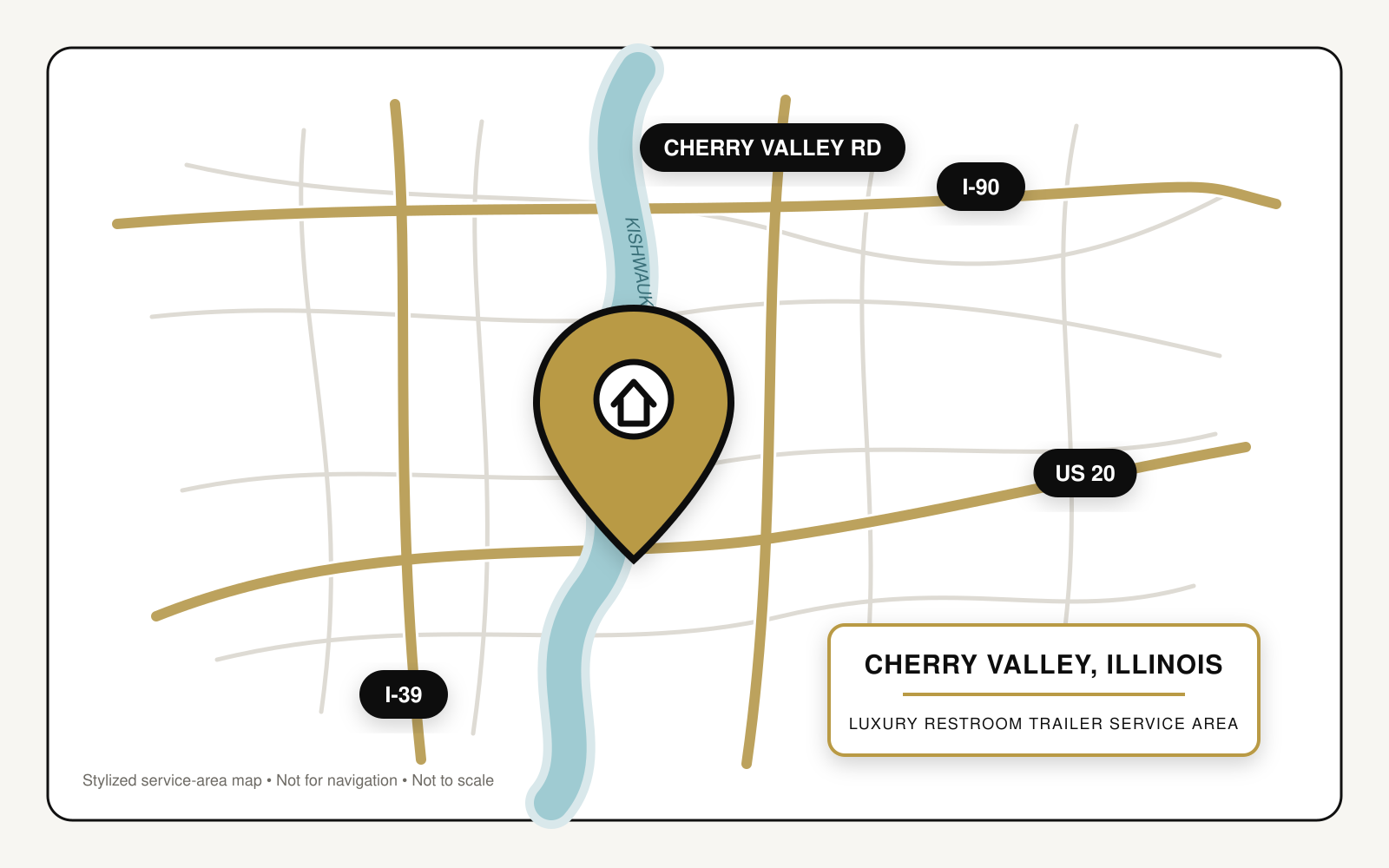 Stylized service-area map showing luxury restroom trailer service in Cherry Valley, Illinois, near Interstates 39 and 90, U.S. Route 20, Cherry Valley Road, and the Kishwaukee River.
