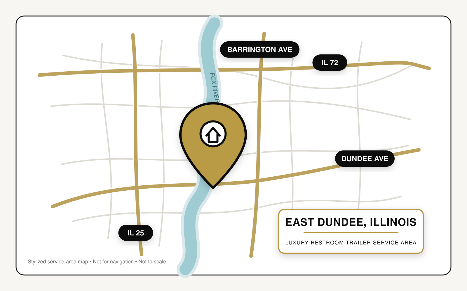 Map showing luxury restroom trailer service in East Dundee, Illinois, near Illinois Routes 25 and 72, Dundee Avenue, Barrington Avenue, and the Fox River.