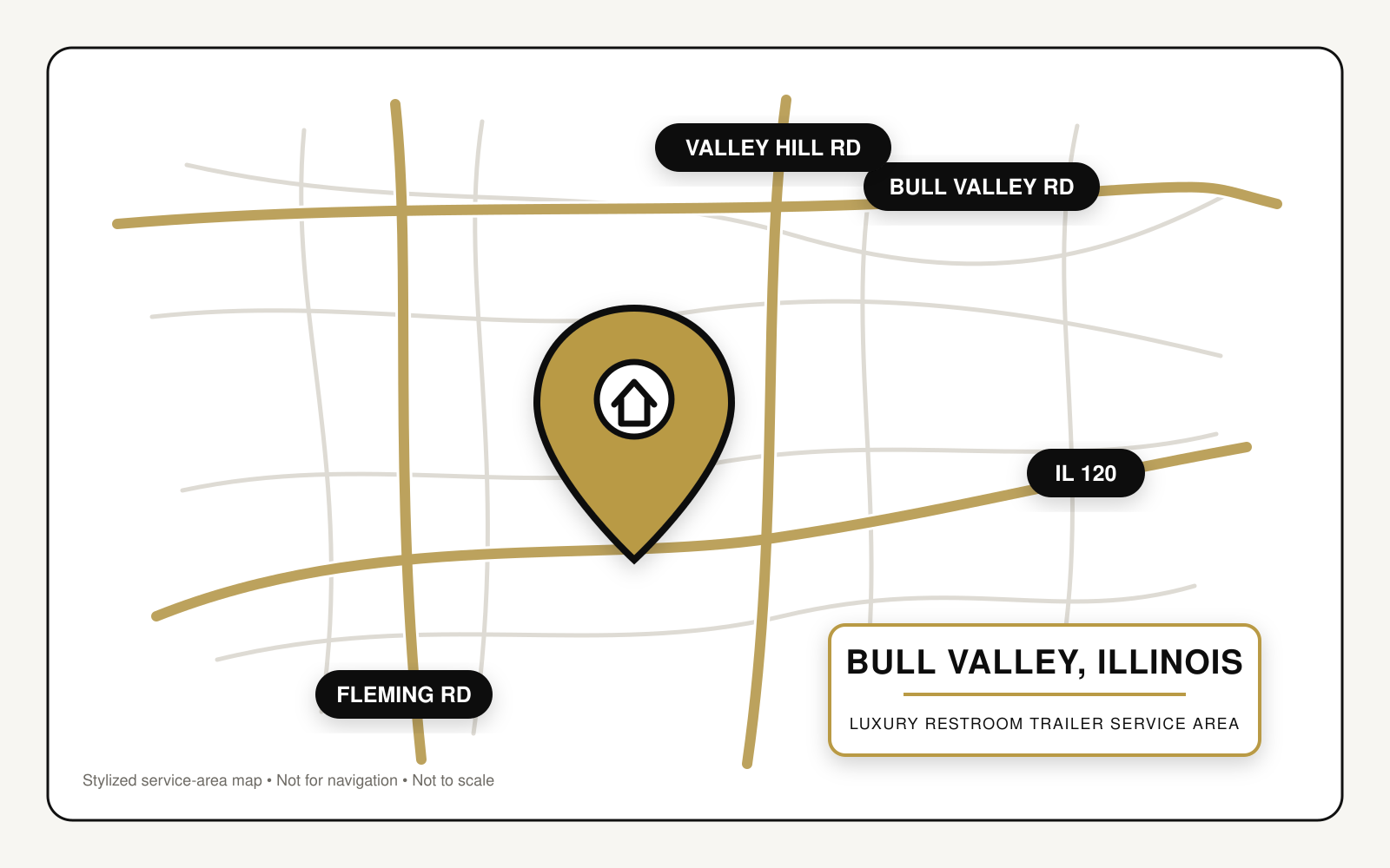 Map showing luxury restroom trailer service in Bull Valley, Illinois, near Illinois Route 120, Bull Valley Road, Fleming Road, and Valley Hill Road.