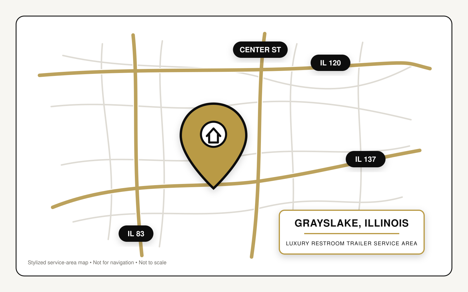 Stylized map highlighting restroom trailer service in Grayslake, Illinois, with labels for Illinois Routes 83, 120, and 137 and Center Street.