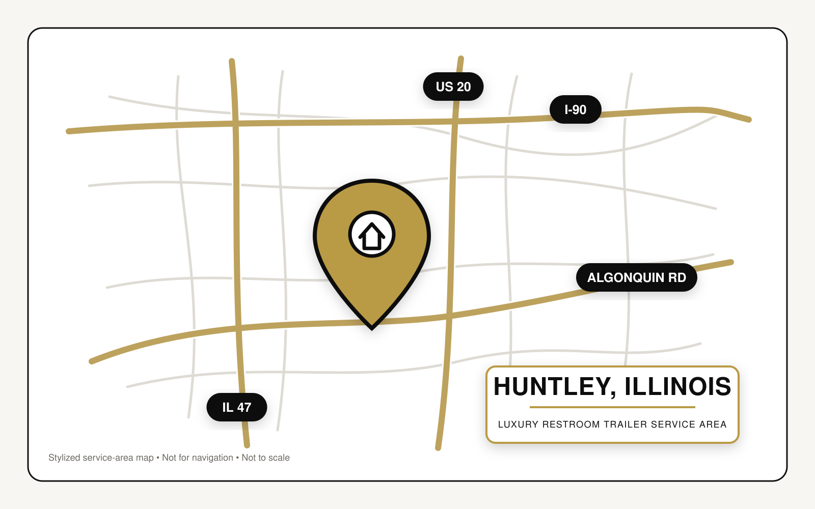 Map showing luxury restroom trailer service in Huntley, Illinois, near I-90, Illinois Route 47, US Route 20 and Algonquin Road.